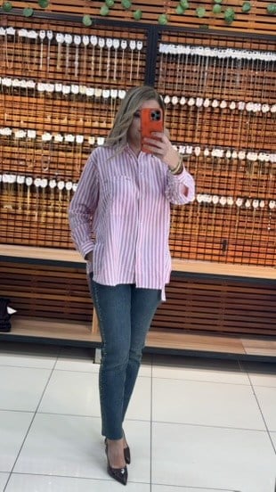 UZUN ÇİZGİLİ PEMBE GÖMLEK