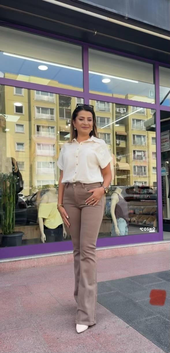 VİZON RENGİ YÜKSEK BEL İSPANYOL PAÇA KOT PANTOLON