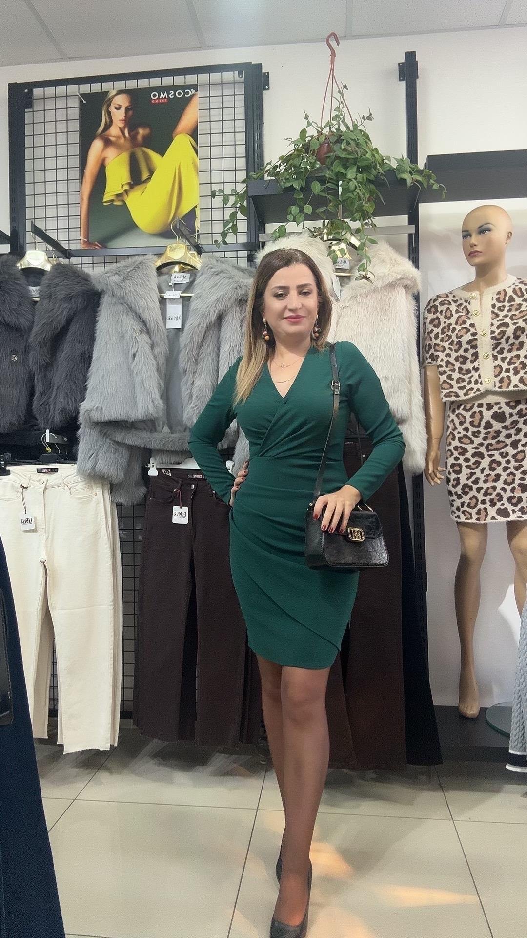 YEŞİL KRUVAZE YAKA DRAPELİ MİNİ ELBİSE