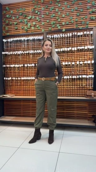 YEŞİL PAÇASI LASTİKLİ KARGO PANTOLON
