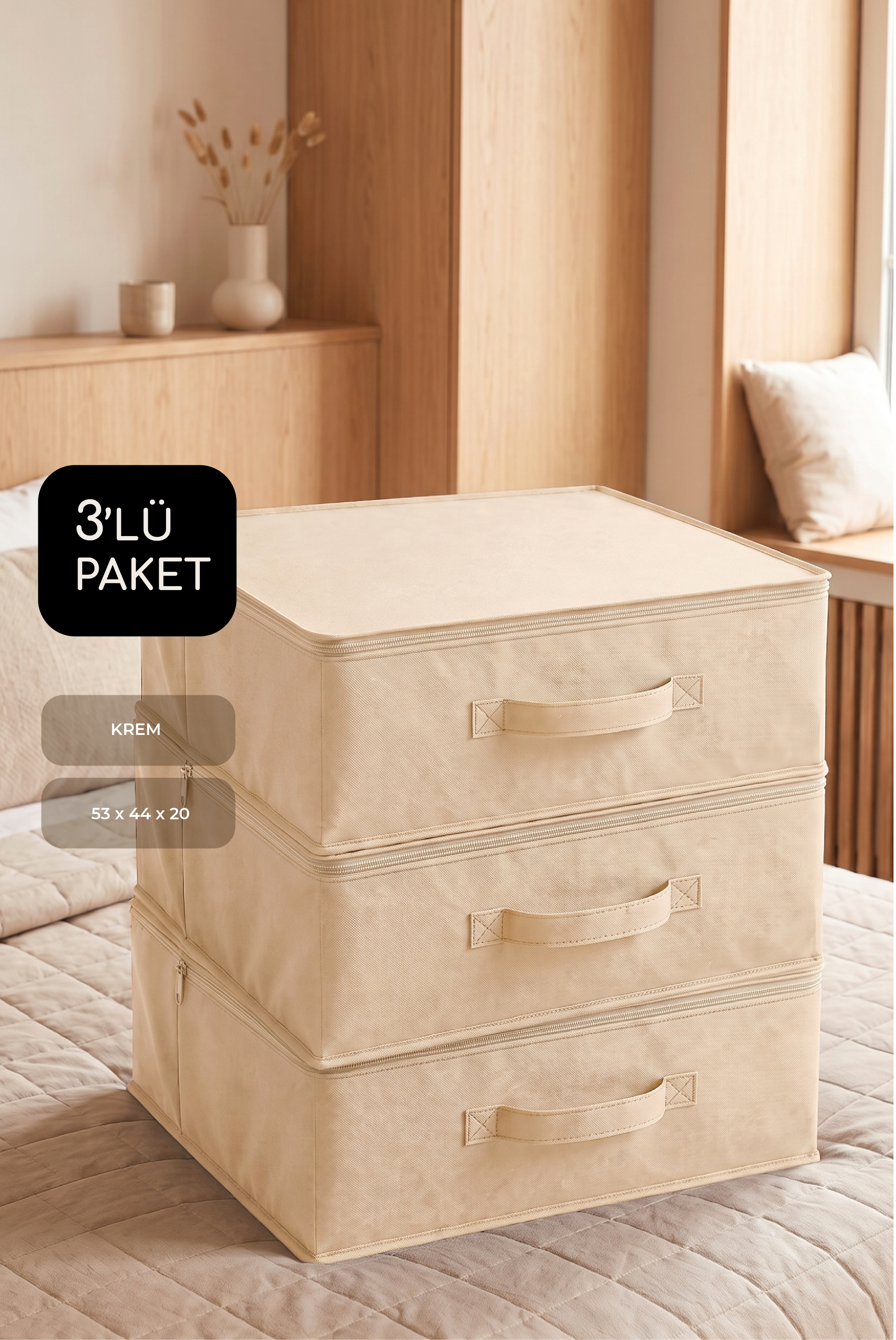 Vedsey3'lü Set 53 x 44 x 21 Cm Baza Altı & Dolap İçi Organizer, Yorgan & Yastık Düzenleyici Hurç Krem