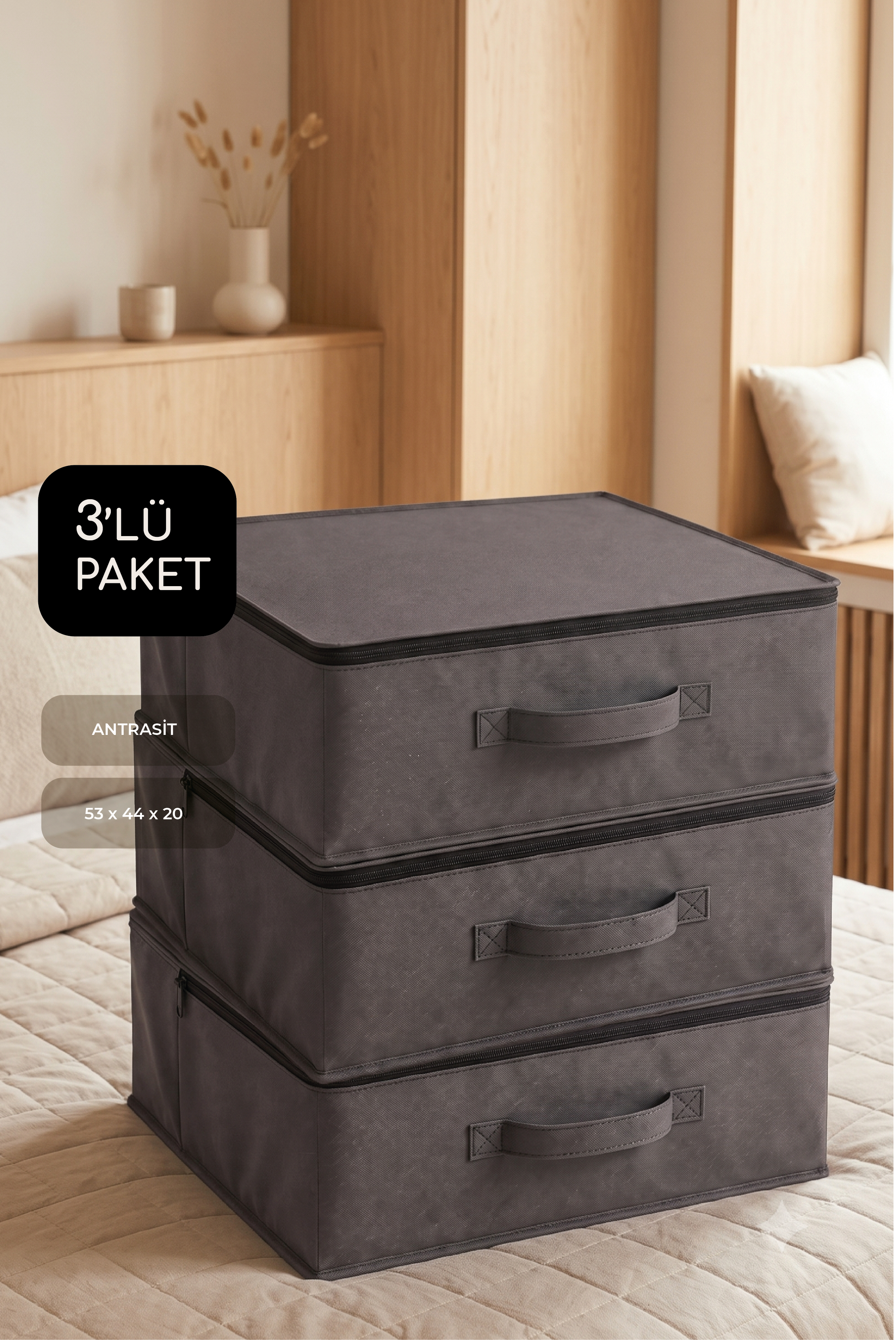 Vedsey3'lü Set 53x44x20 Cm Home Organizer Çekyat & Baza Altı Düzenleyici Hurç Antrasit