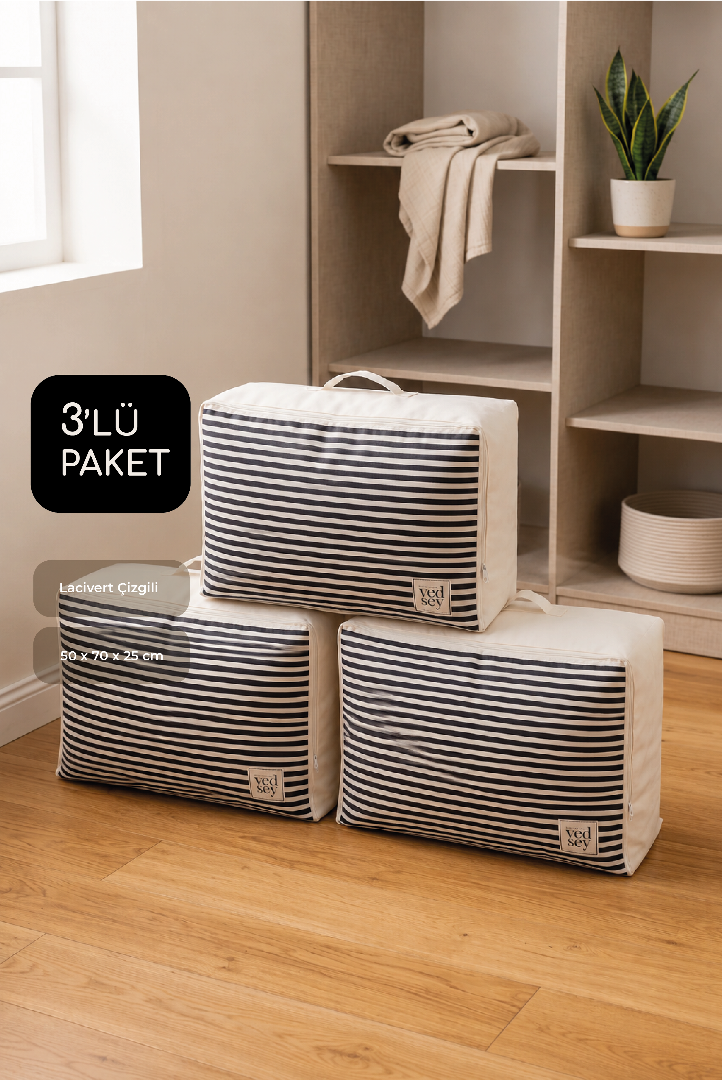 Vedsey Home Organizer3'lü Set Baza Altı Düzenleyici Büyük Boy Hurç Lacivert Çizgili 70x50x25 Cm