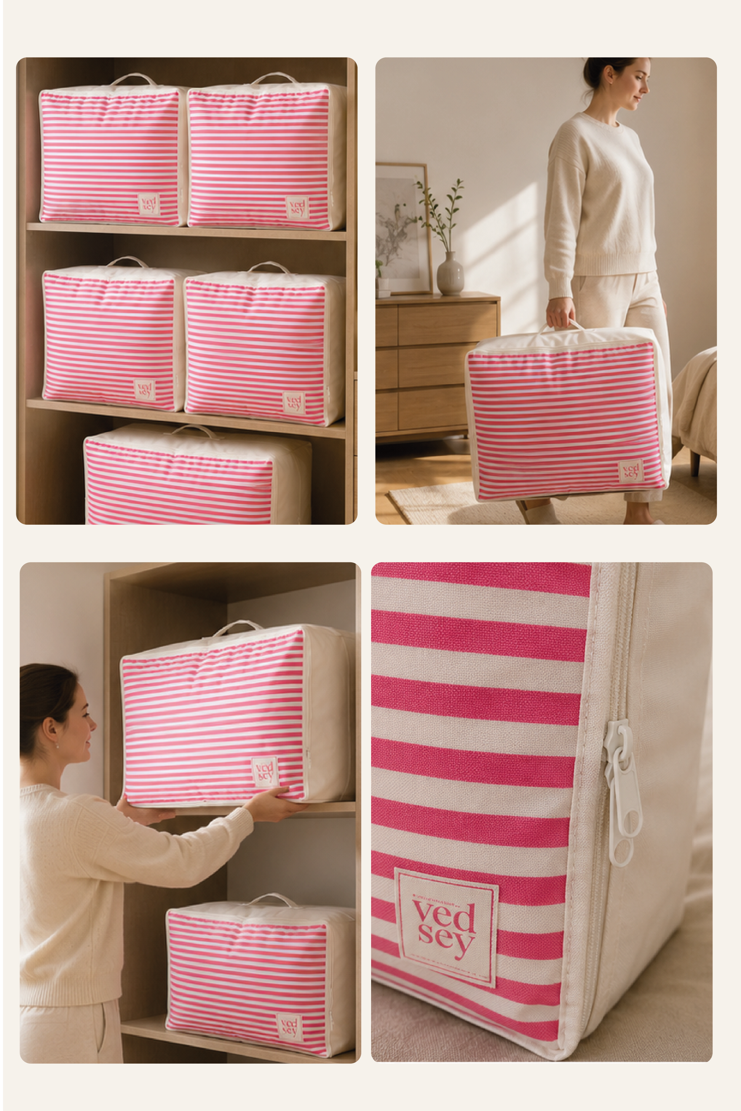 Vedsey Home Organizer3'lü Set Baza Altı Düzenleyici Büyük Boy Hurç Pembe Çizgili 70x50x25 Cm