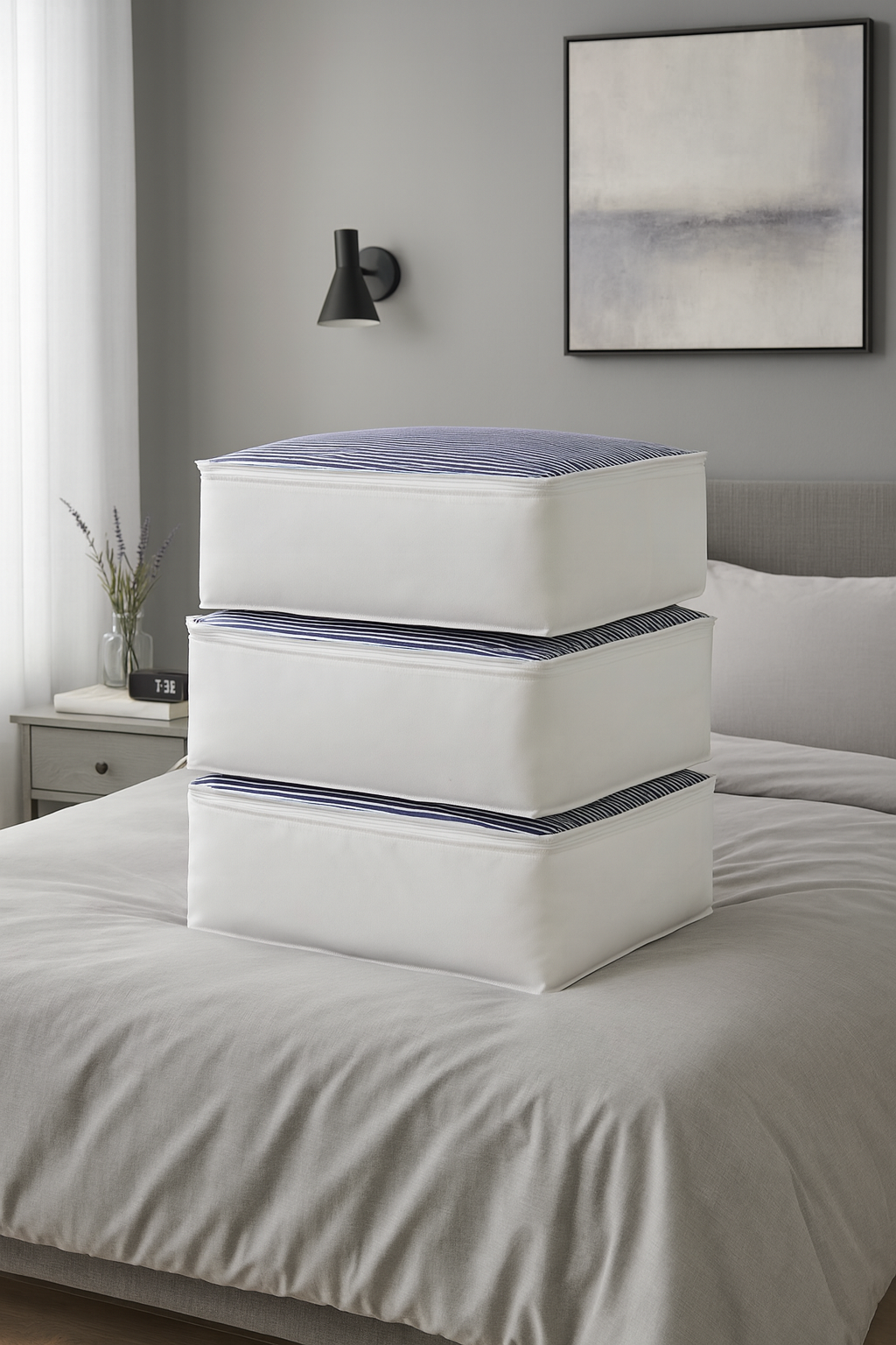 Vedsey Home Organizer3'lü Set Baza Altı Düzenleyici Büyük Boy Hurç Lacivert Çizgili 70x50x25 Cm