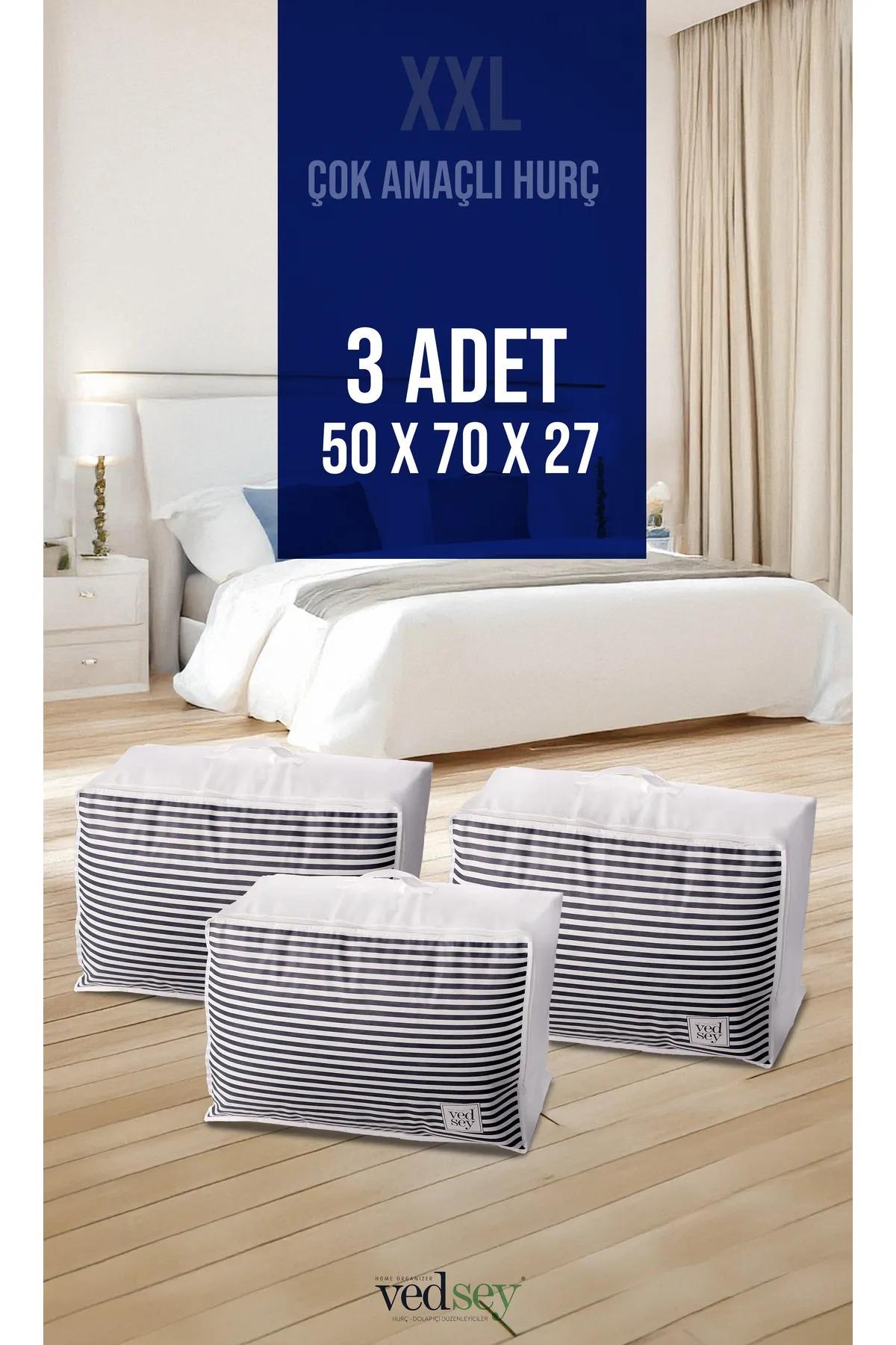 Vedsey Home Organizer3'lü Set Baza Altı Düzenleyici Büyük Boy Hurç Lacivert Çizgili 70x50x25 Cm