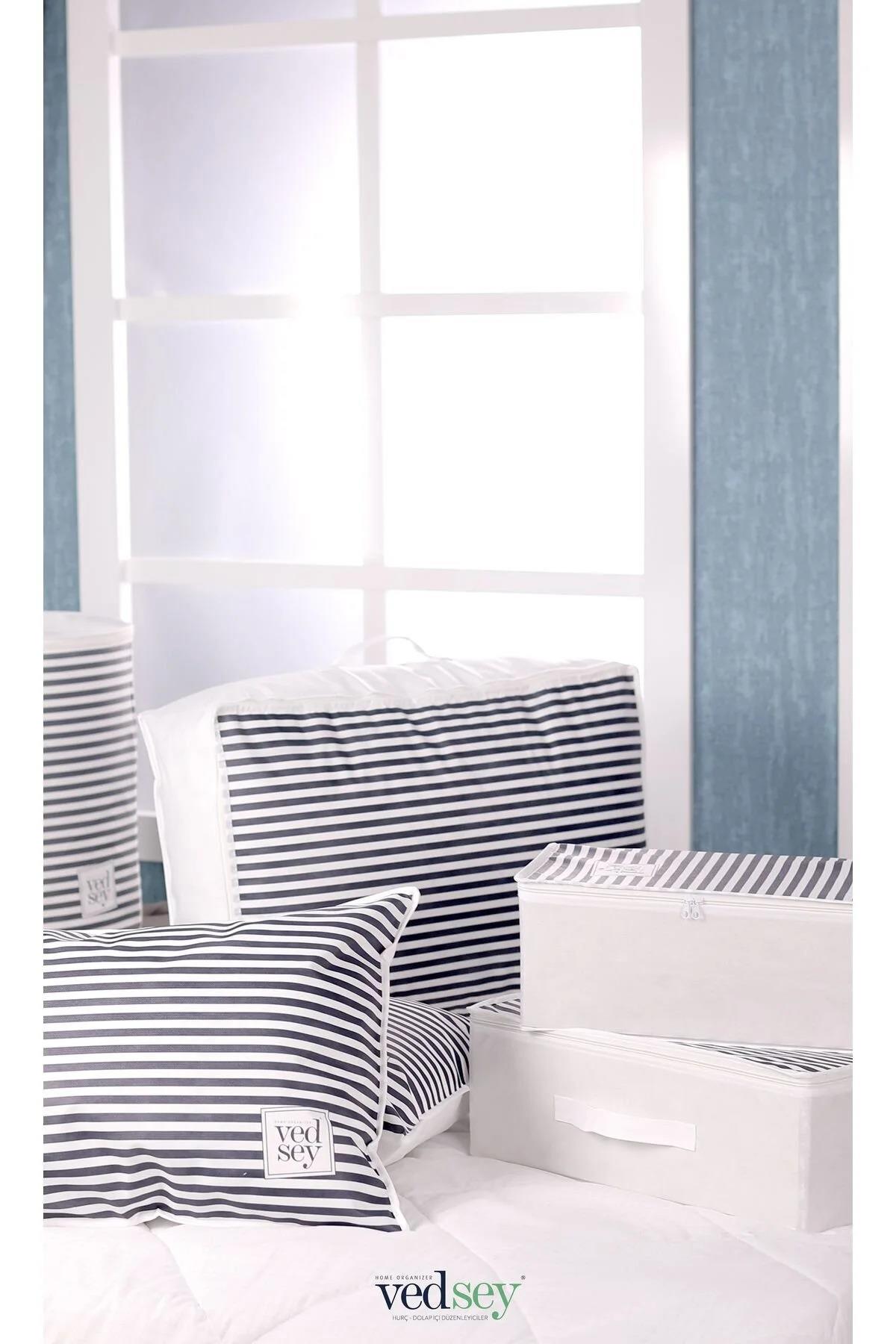 Vedsey Home Organizer3'lü Set Baza Altı Düzenleyici Büyük Boy Hurç Lacivert Çizgili 70x50x25 Cm