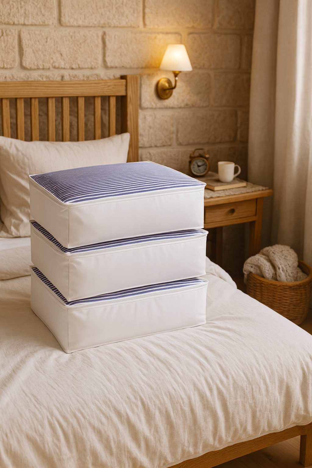 Vedsey Home Organizer3'lü Set Baza Altı Düzenleyici Büyük Boy Hurç Lacivert Çizgili 70x50x25 Cm