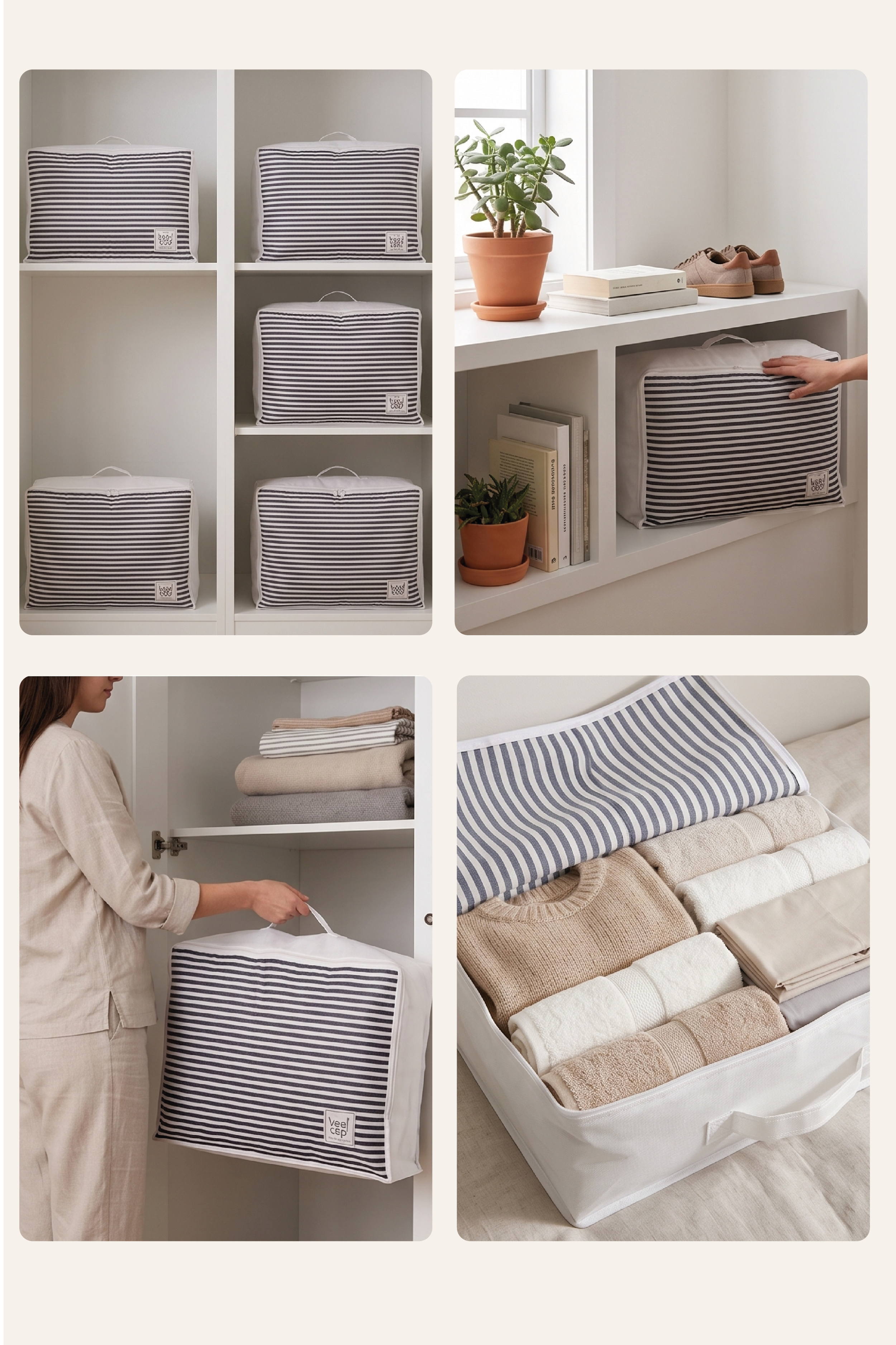 Vedsey Home Organizer3'lü Set Baza Altı Düzenleyici Büyük Boy Hurç Lacivert Çizgili 70x50x25 Cm