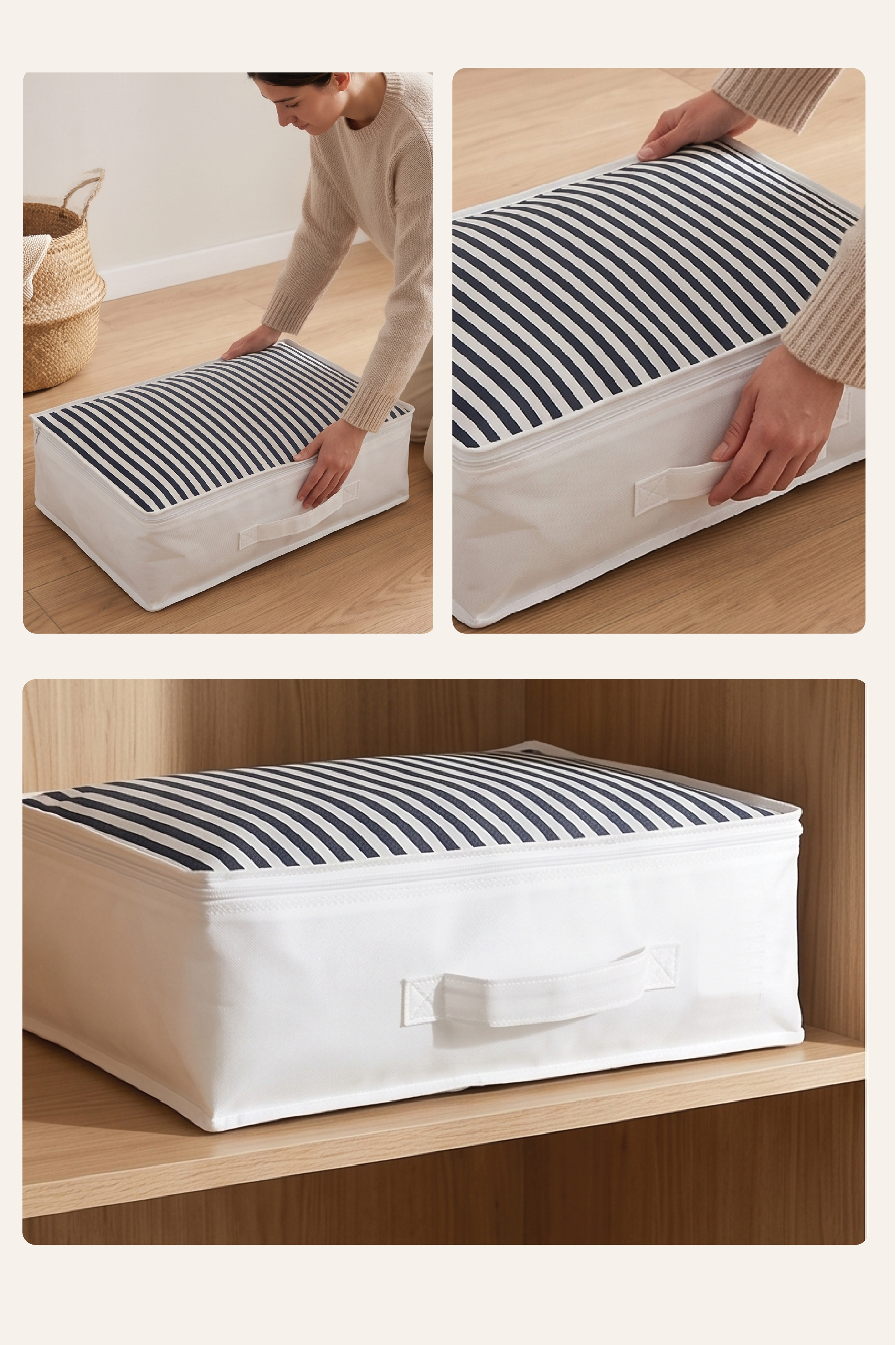 Vedsey Home Organizer3'lü Set Baza Altı Düzenleyici Büyük Boy Hurç Lacivert Çizgili 70x50x25 Cm