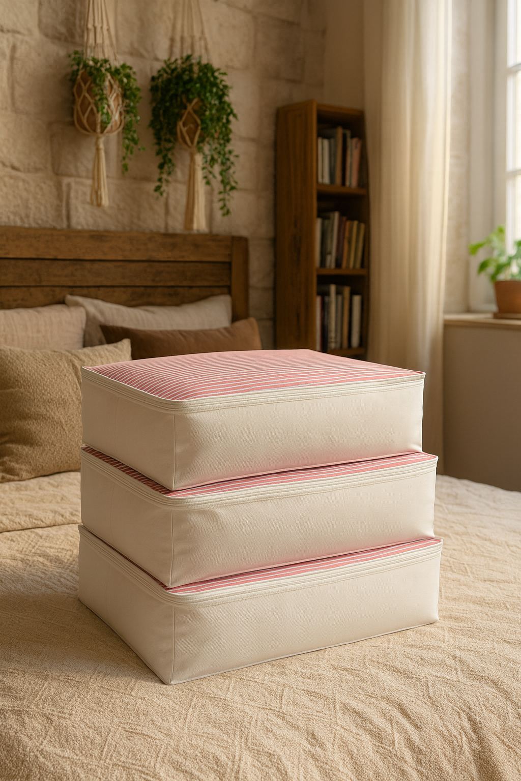 Vedsey Home Organizer3'lü Set Baza Altı Düzenleyici Büyük Boy Hurç Pembe Çizgili 70x50x25 Cm