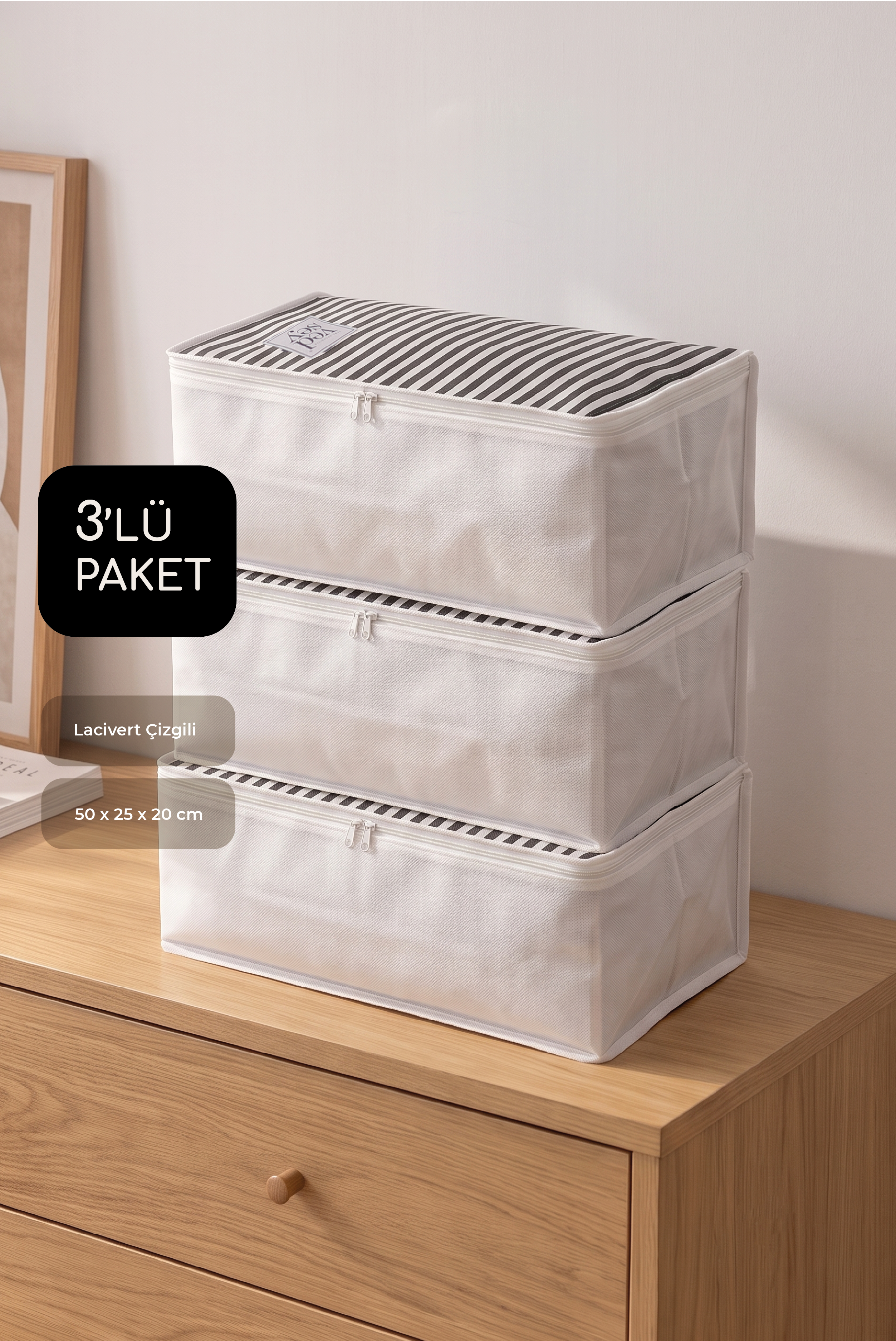 Vedsey Home Organizer3'lü Set Baza Altı Düzenleyici Küçük Boy Hurç Lacivert Çizgili 50x25x20 Cm