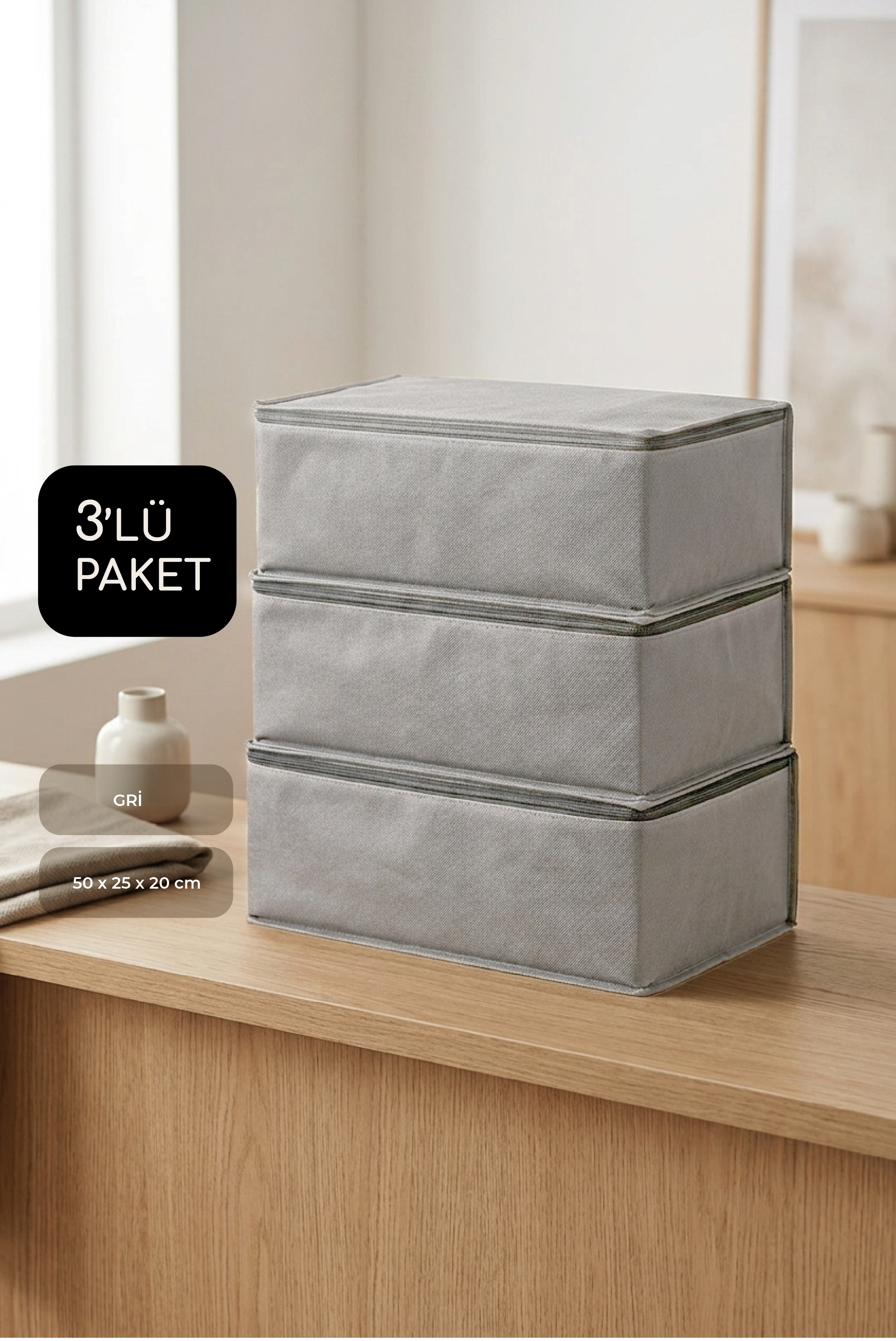 Vedsey Home Organizer3'lü Set Baza Altı Düzenleyici Küçük Boy Hurç Gri 50x25x20 Cm