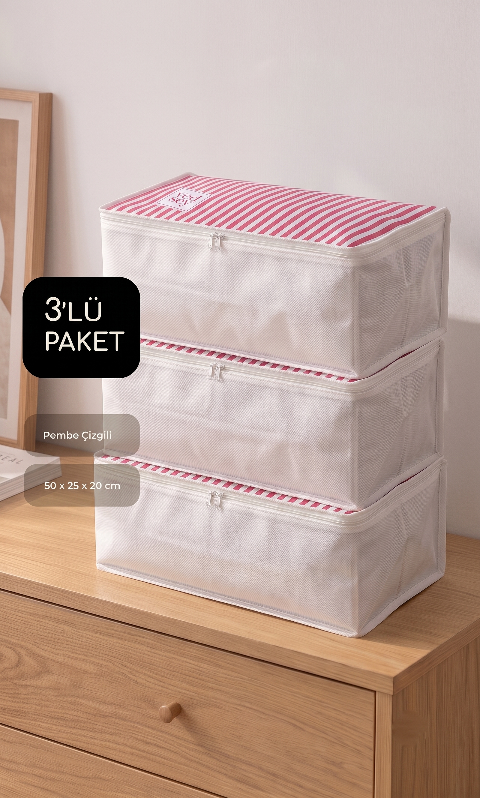 Vedsey Home Organizer3'lü Set Baza Altı Düzenleyici Küçük Boy Hurç Pembe Çizgili 50x25x20 Cm