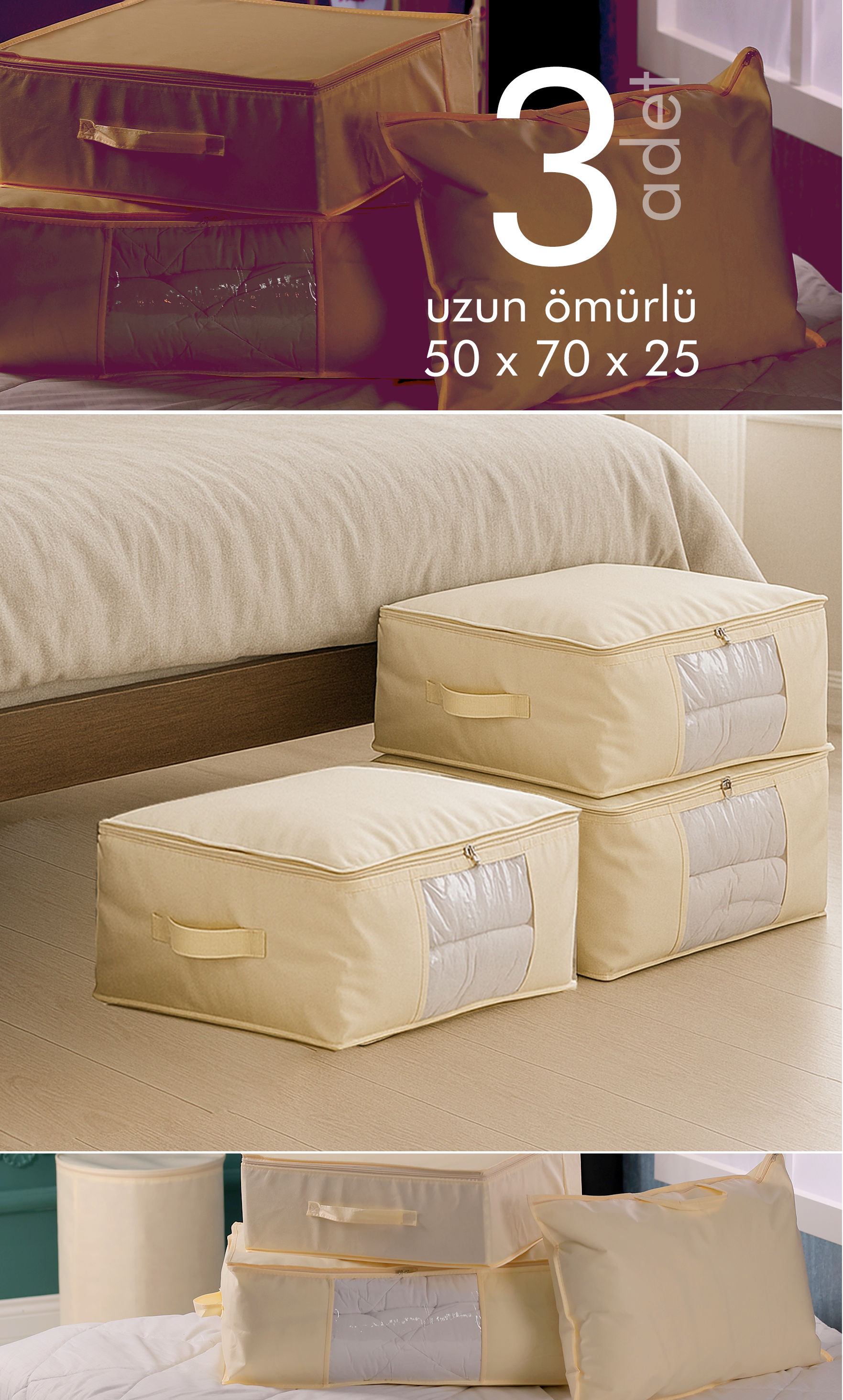 Vedsey Home Organizer3'lü Set Baza Altı Düzenleyici Pencereli Büyük Boy Hurç Krem 70x50x25 Cm
