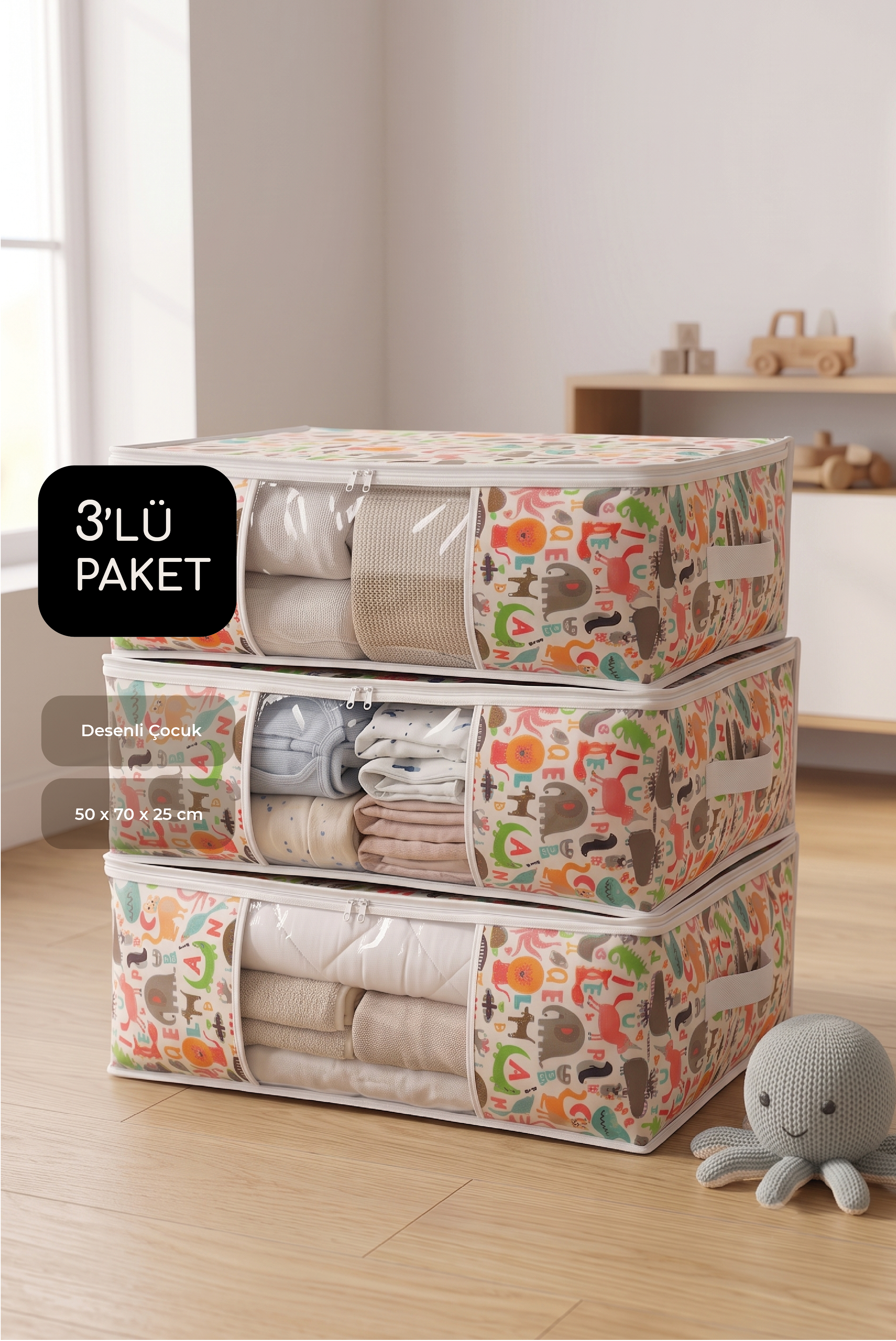 Vedsey Home Organizer3'lü Set Baza Altı Düzenleyici Pencereli Büyük Boy Hurç Sevimli Hayvan Desenli 70x50x25 Cm