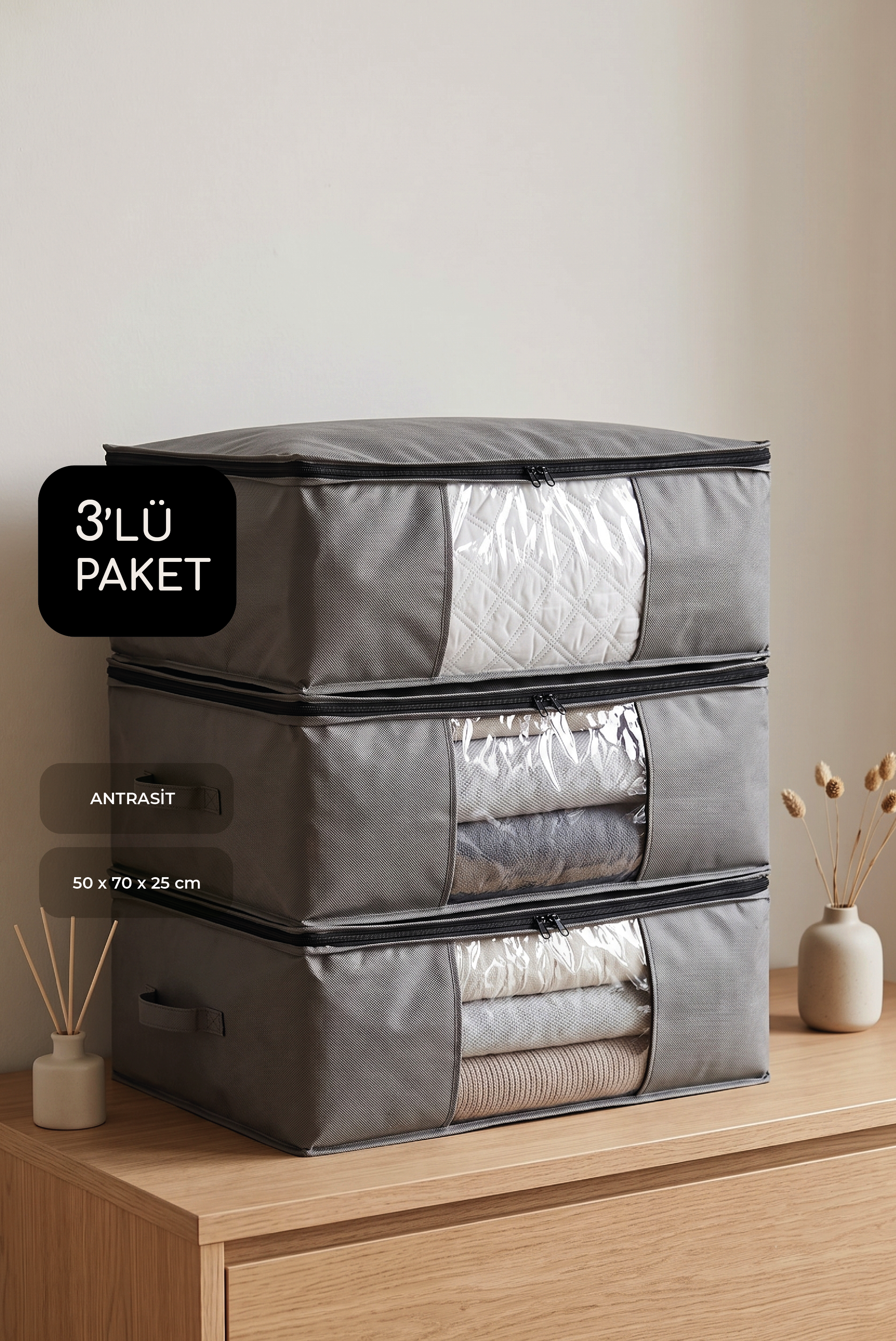 Vedsey Home Organizer3'lü Set Baza Altı Düzenleyici Pencereli Büyük Boy Hurç Antrasit Gri 70x50x25 Cm
