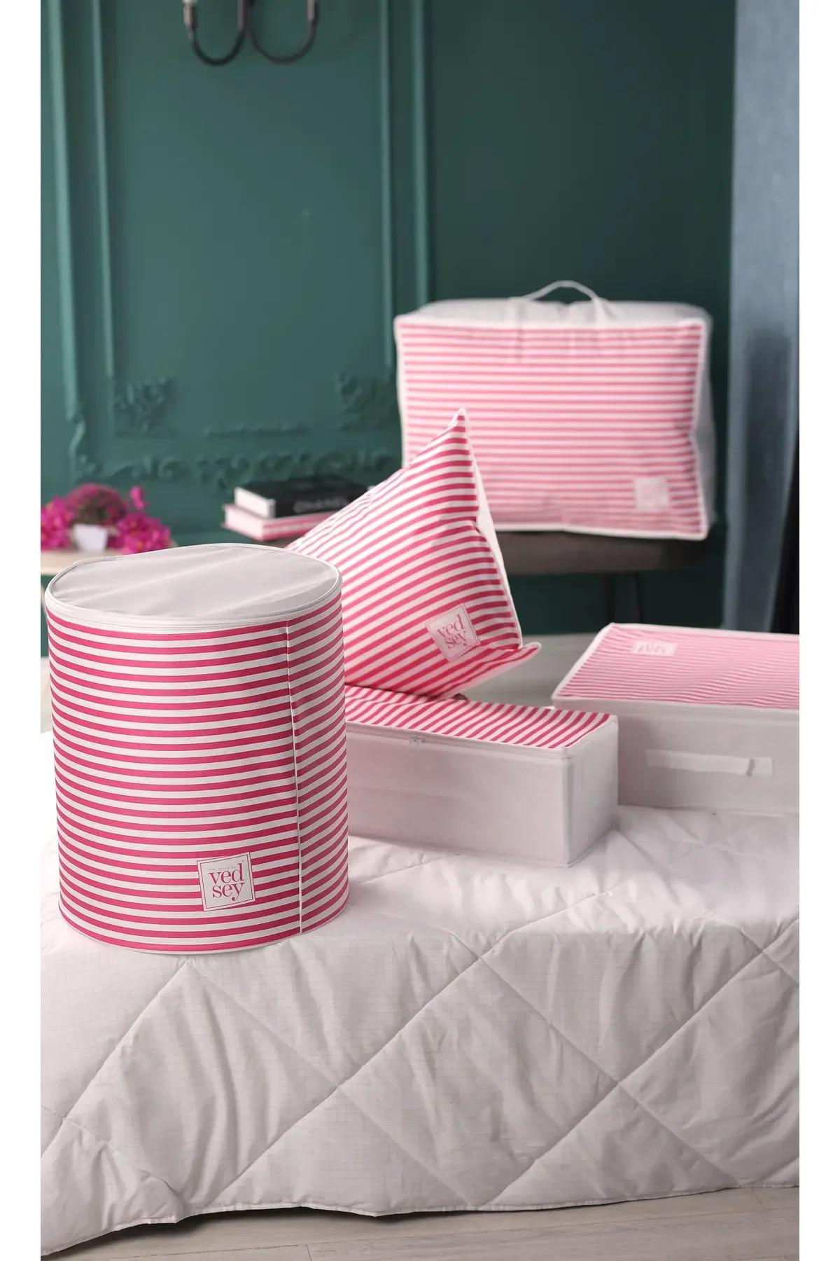 Vedsey Home Organizer3'lü Set Düzenleyici Yorgan Hurcu Pembe Çizgili 53x44x20