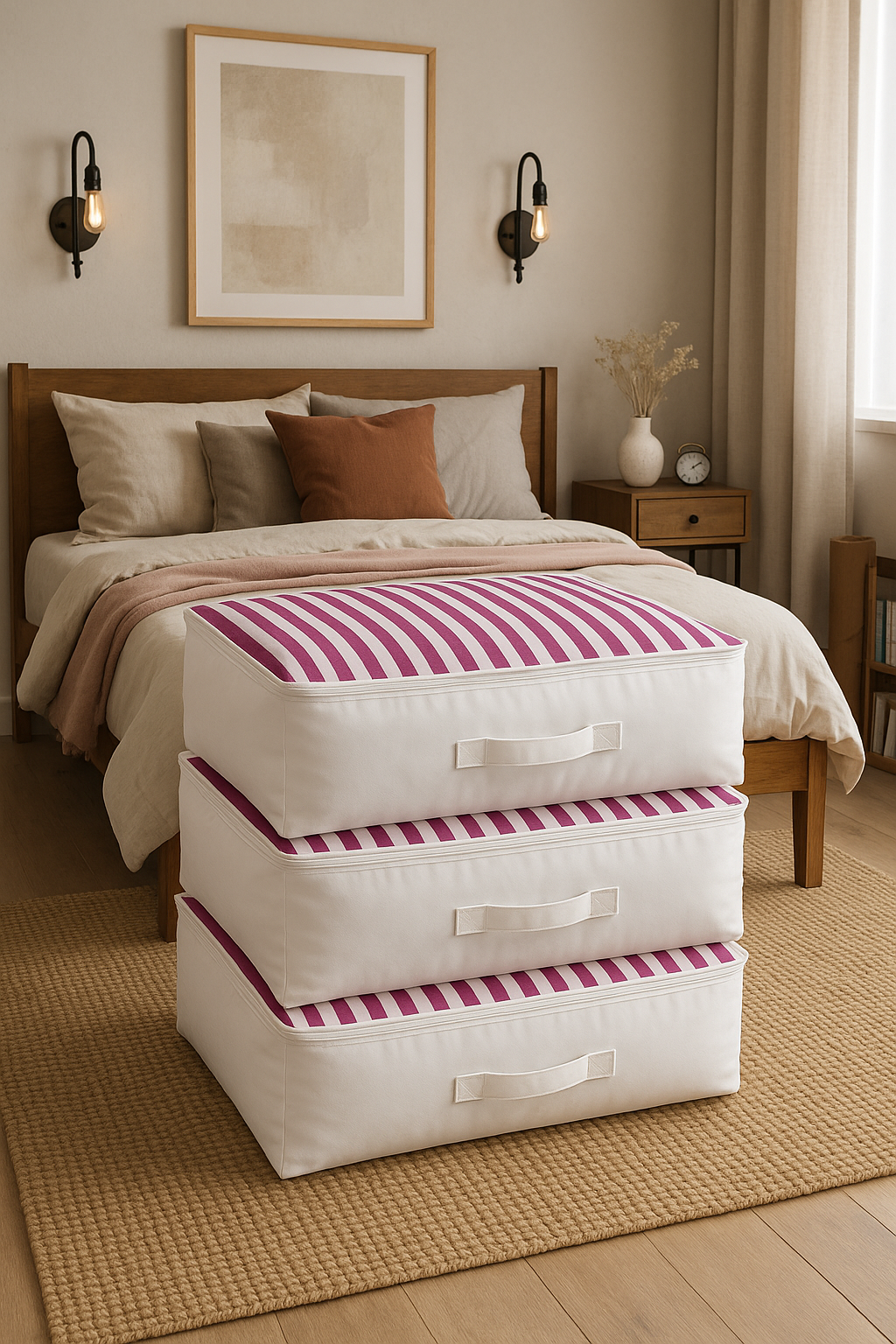 Vedsey Home Organizer3'lü Set Düzenleyici Yorgan Hurcu Pembe Çizgili 53x44x20