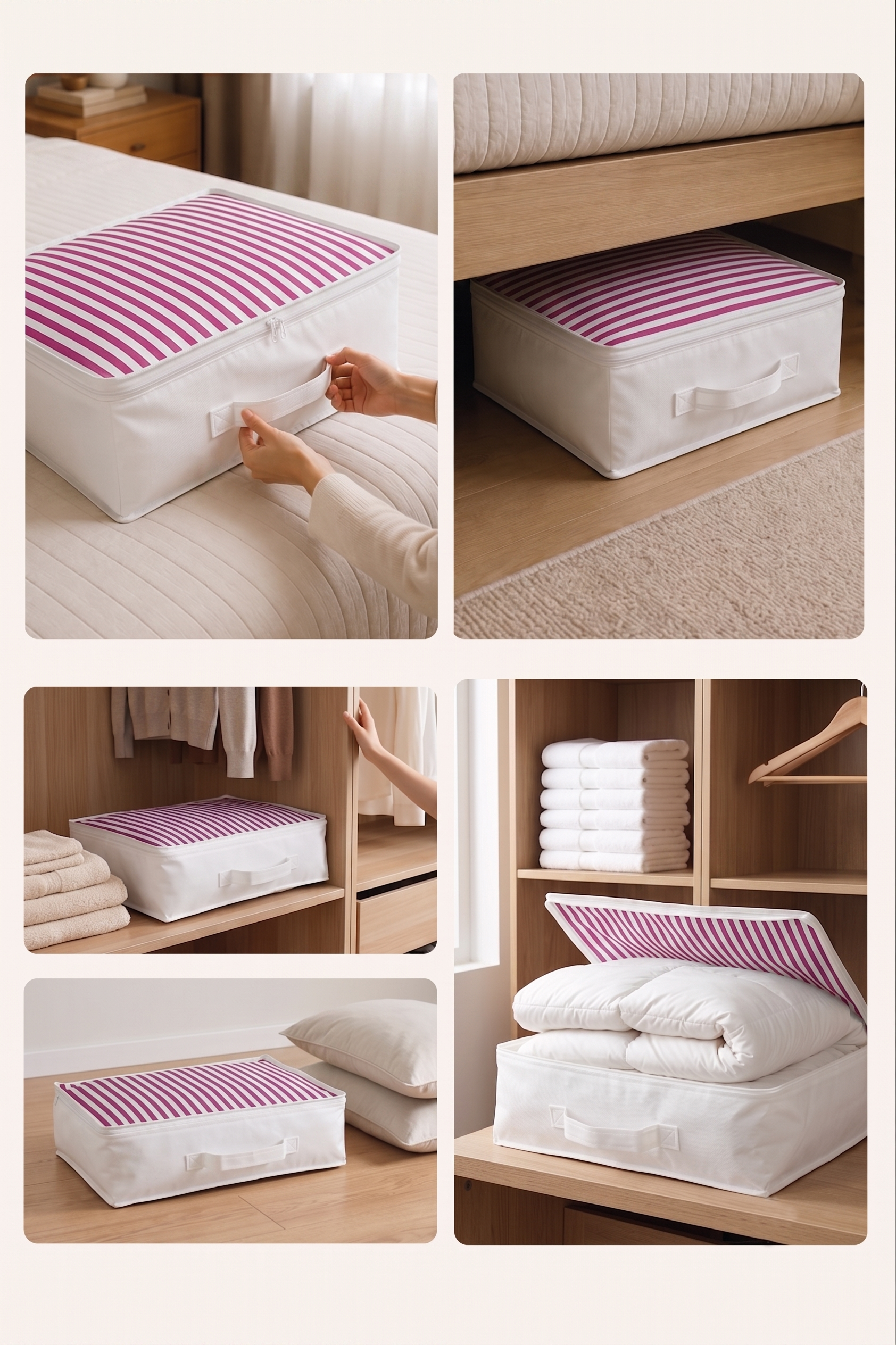 Vedsey Home Organizer3'lü Set Düzenleyici Yorgan Hurcu Pembe Çizgili 53x44x20