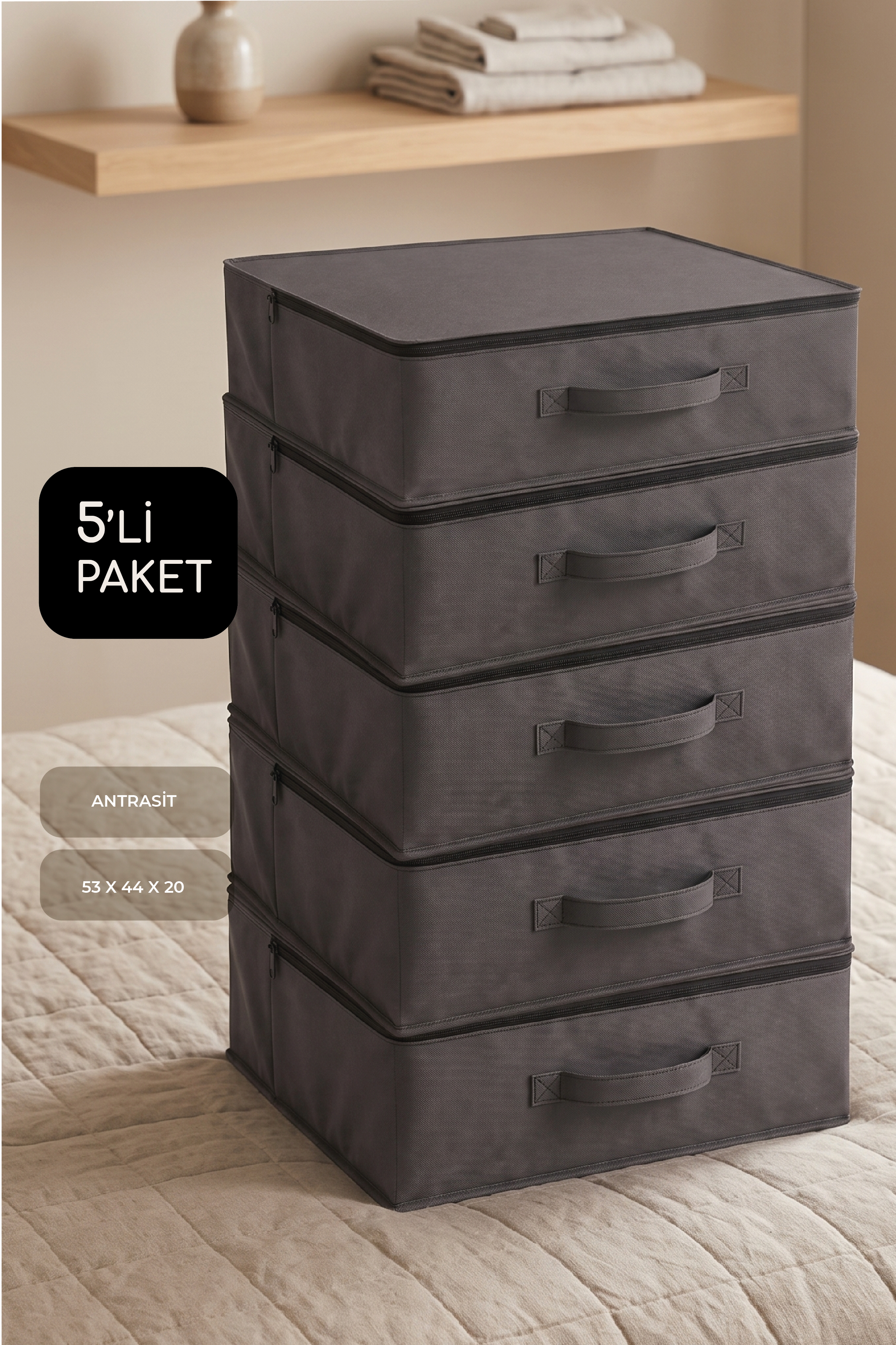 Vedsey5'li Set 53 x 44 x 21 Cm Baza Altı & Dolap İçi Organizer, Yorgan & Yastık Düzenleyici Hurç Antrasit
