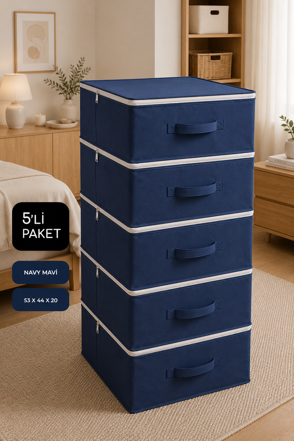 Vedsey5'li Set 53x44x20 Cm Home Organizer Çekyat & Baza Altı Düzenleyici Hurç Lacivert