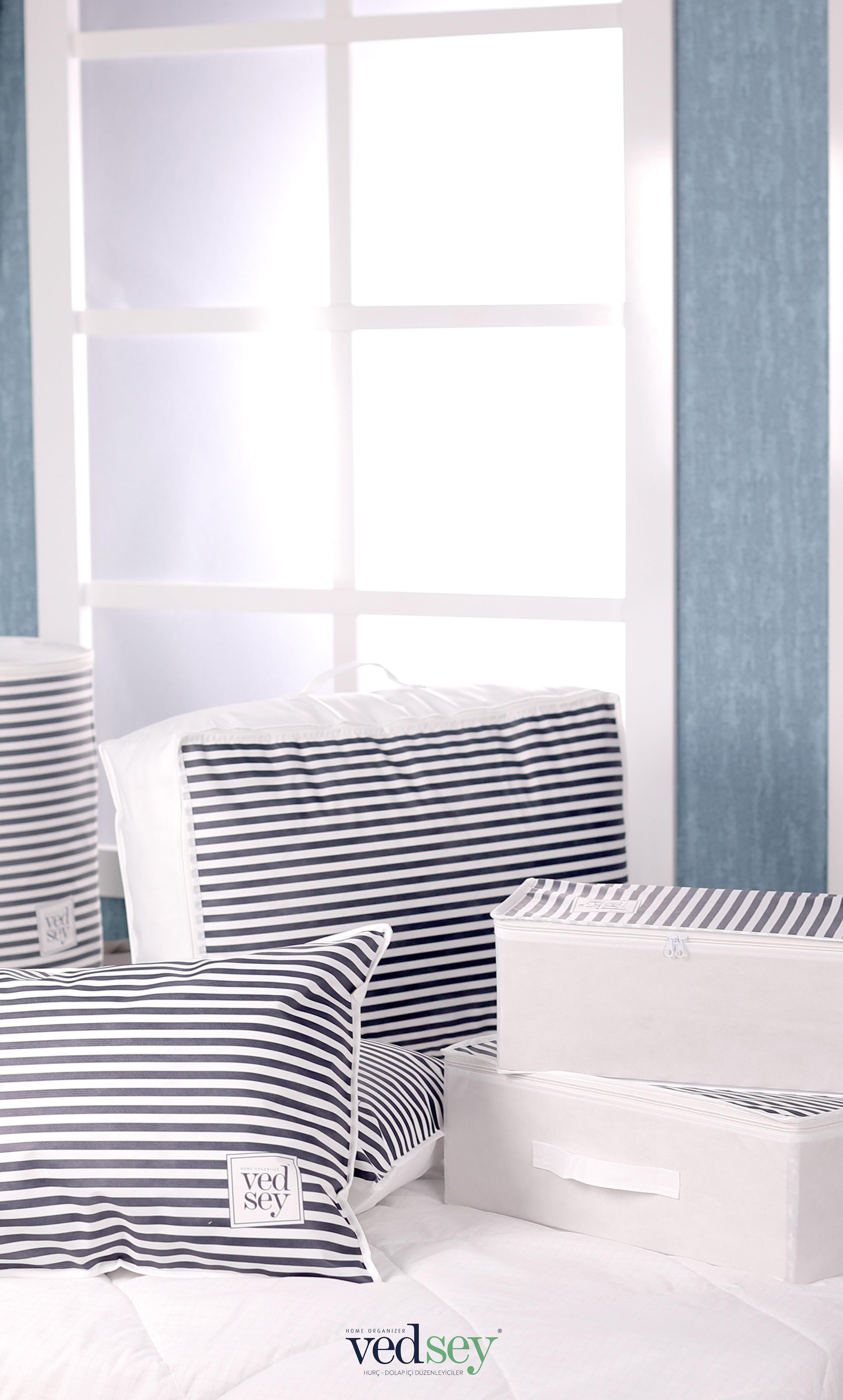 Vedsey Home Organizer5'li Set Baza Altı Düzenleyici Büyük Boy Hurç Lacivert Çizgili 70x50x25 Cm