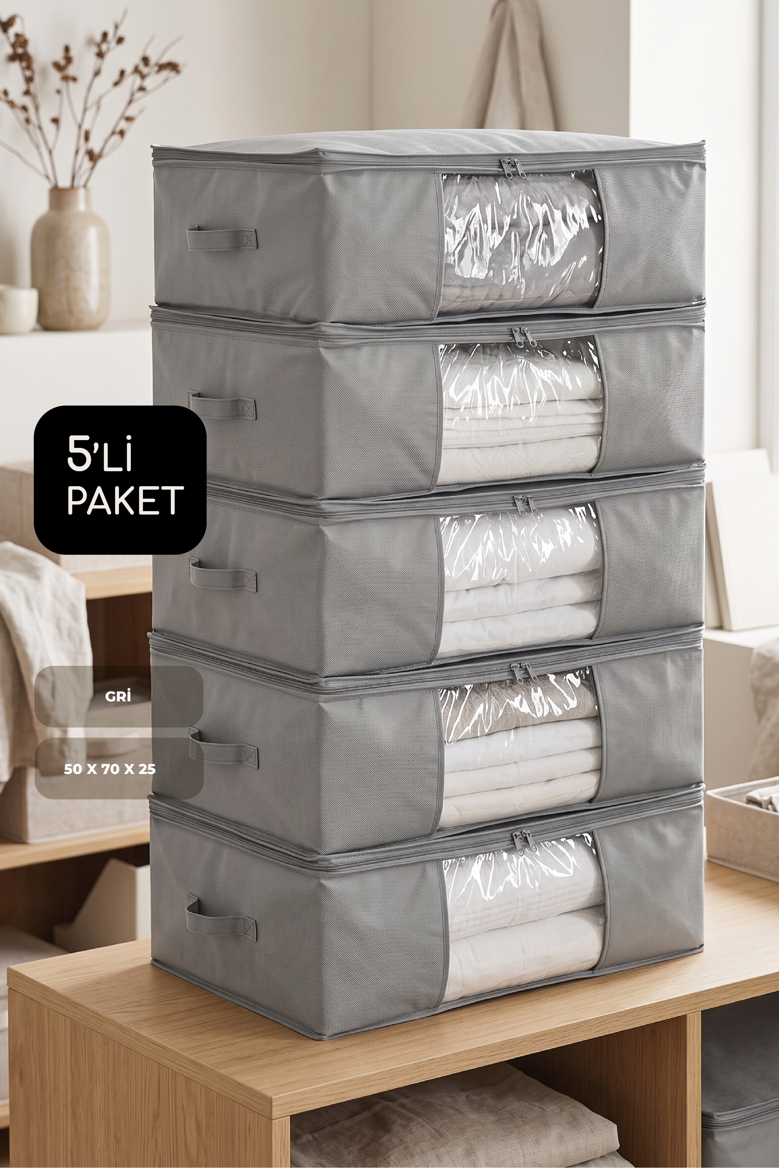 Vedsey Home Organizer5'li Set Baza Altı Düzenleyici Büyük Boy Hurç Gri 70x50x25 Cm
