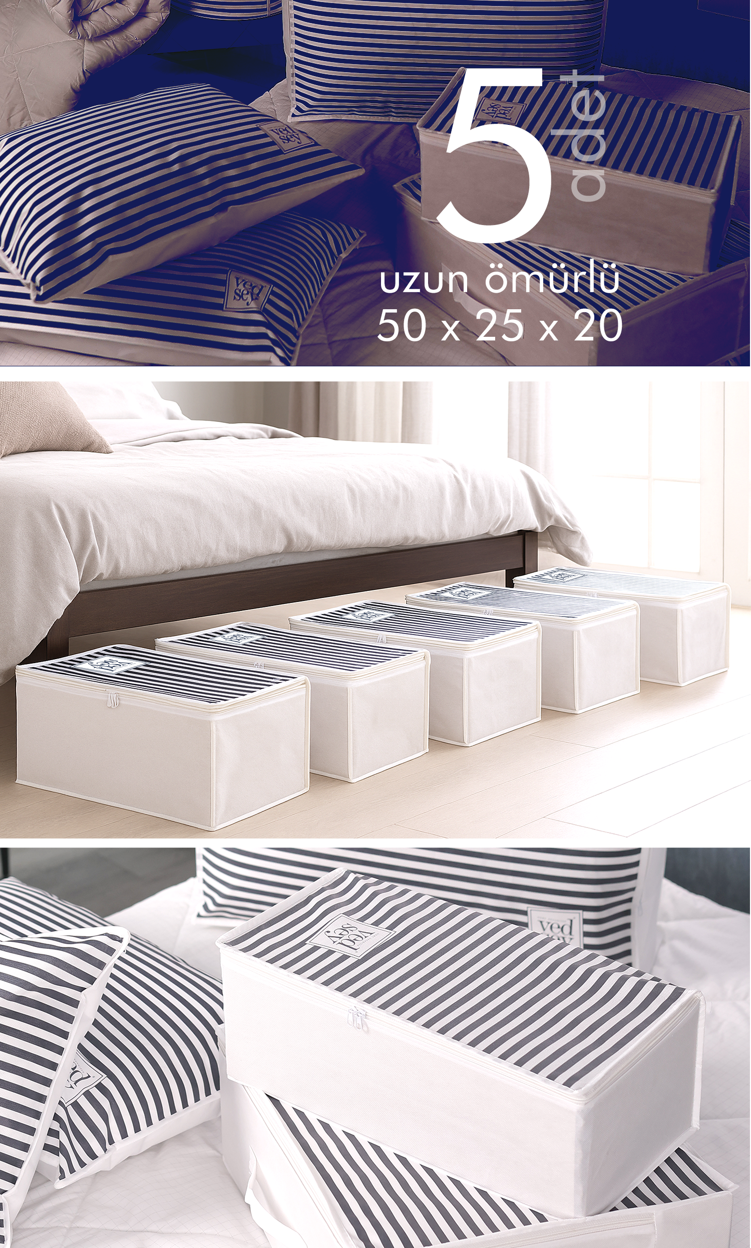 Vedsey Home Organizer5'li Set Baza Altı Düzenleyici Küçük Boy Hurç Lacivert Çizgili 50x25x20 Cm