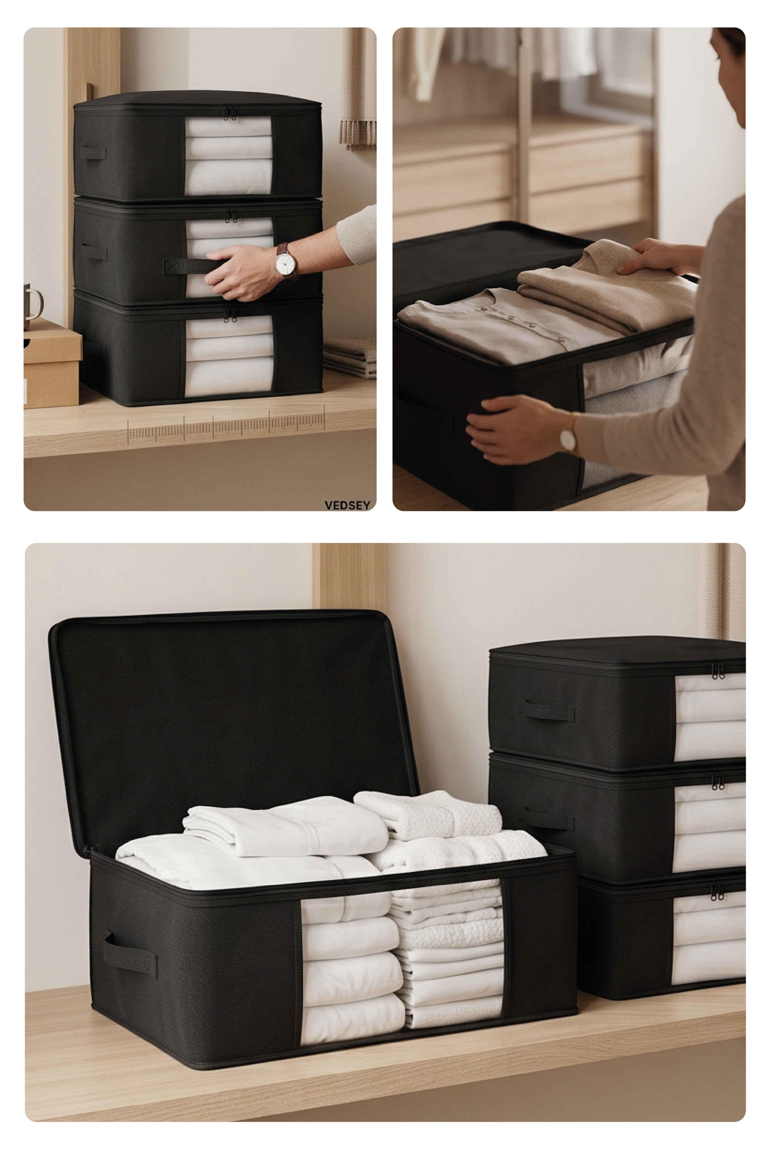 Vedsey Home Organizer5'li Set Baza Altı Düzenleyici Pencereli Büyük Boy Hurç Siyah 70x50x25 Cm