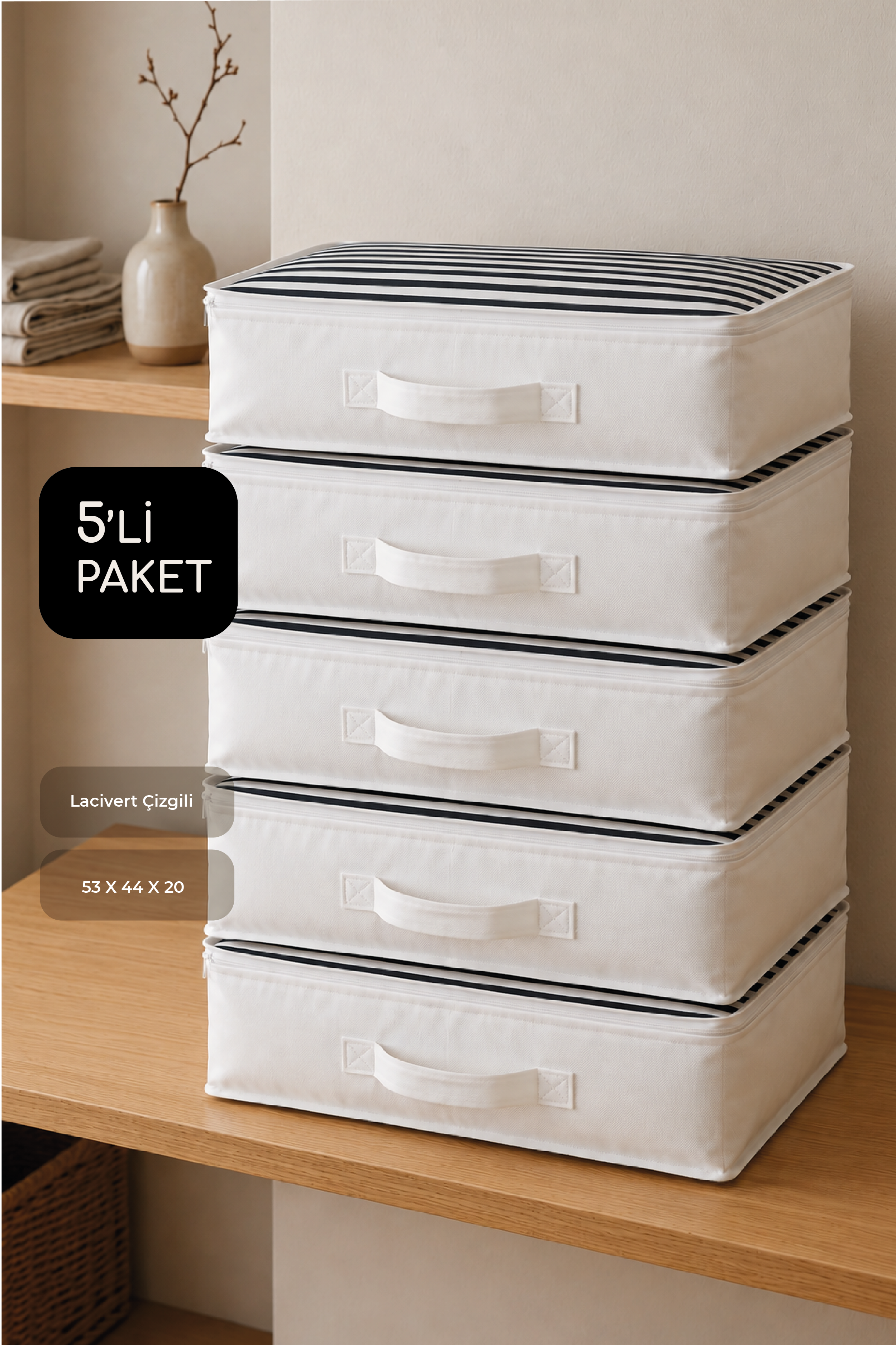 Vedsey Home Organizer5'li Set Düzenleyici Yorgan Hurcu Lacivert Çizgili 53x44x20