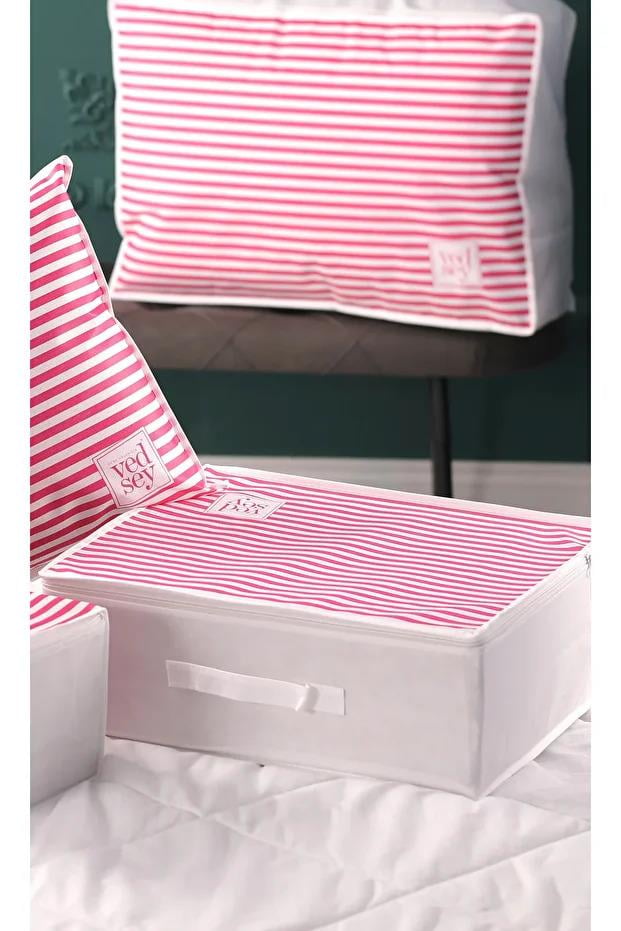 Vedsey Home Organizer5'li Set Düzenleyici Yorgan Hurcu Pembe Çizgili 53x44x20