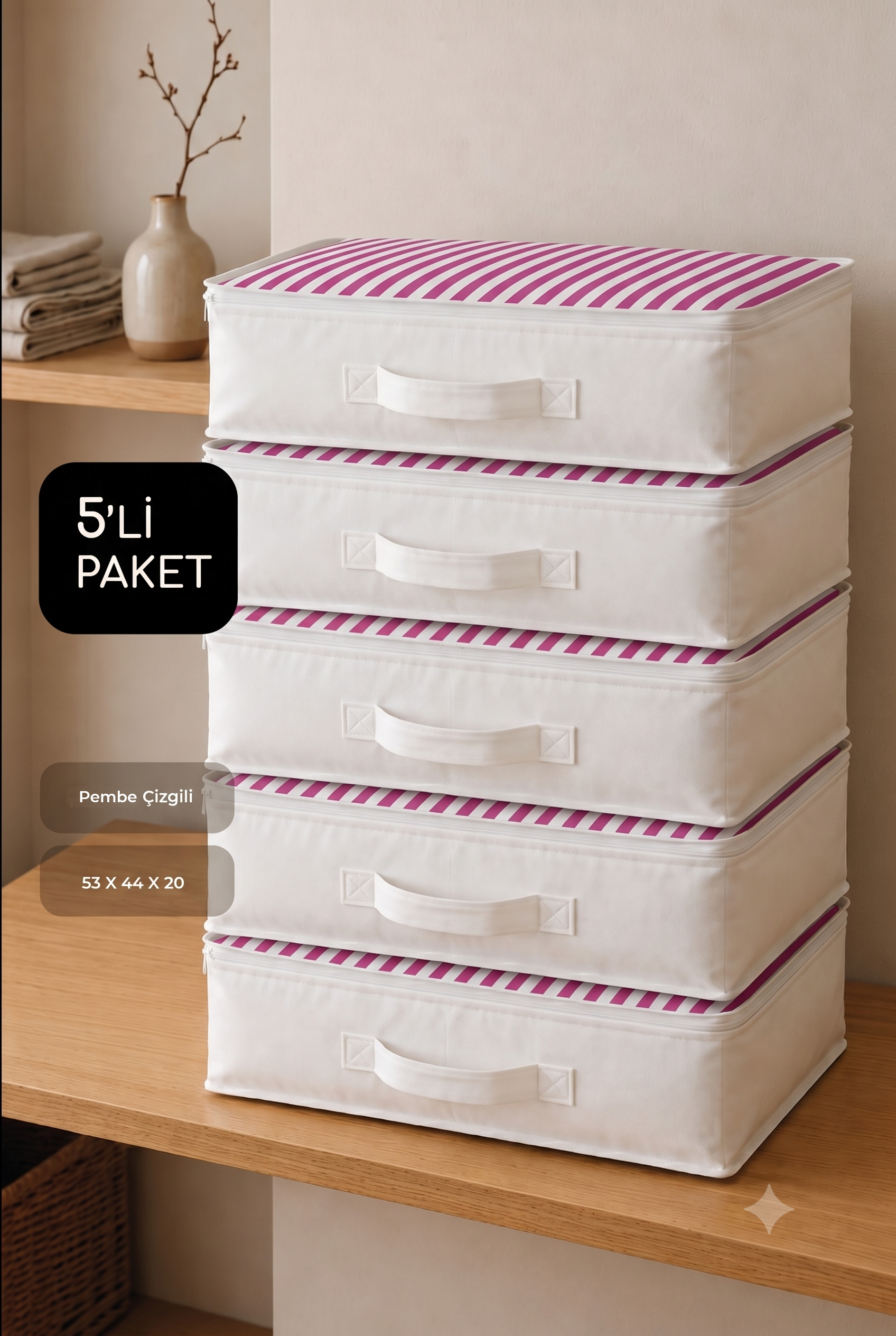 Vedsey Home Organizer5'li Set Düzenleyici Yorgan Hurcu Pembe Çizgili 53x44x20