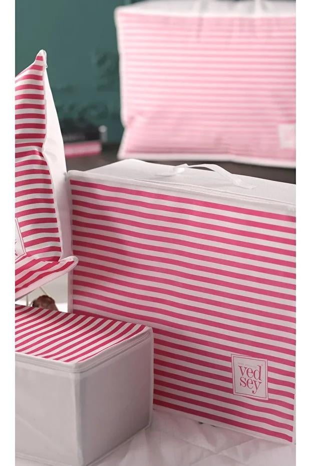 Vedsey Home Organizer5'li Set Düzenleyici Yorgan Hurcu Pembe Çizgili 53x44x20