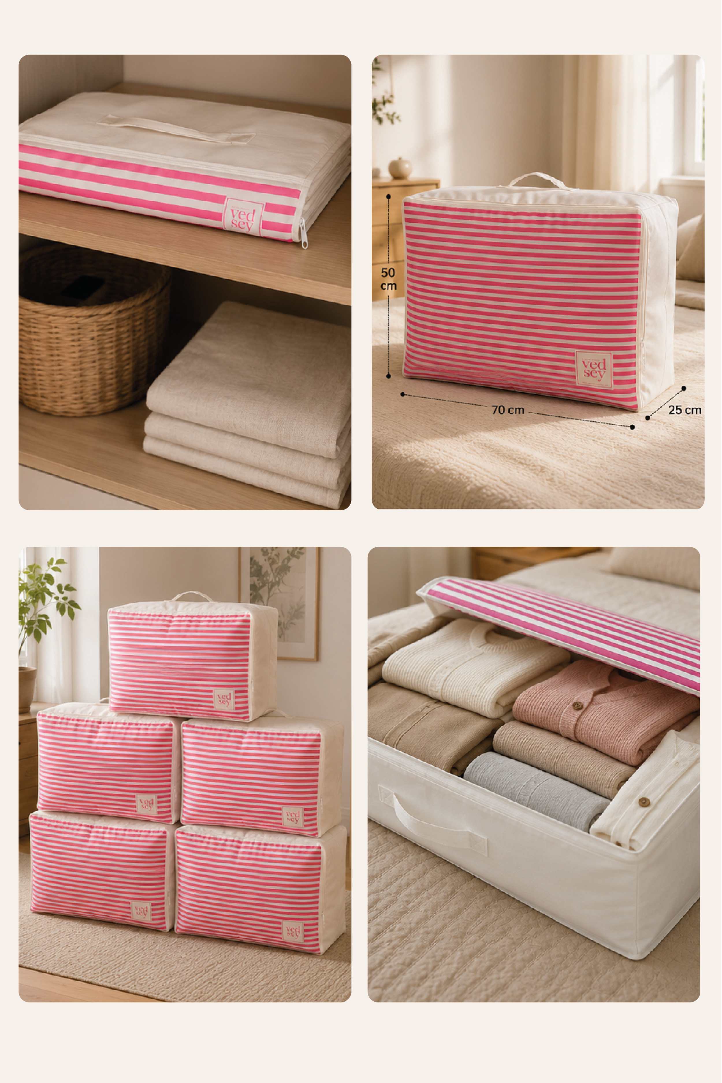Vedsey Home OrganizerBaza Altı Düzenleyici Büyük Boy Hurç Pembe Çizgili 70x50x25 Cm