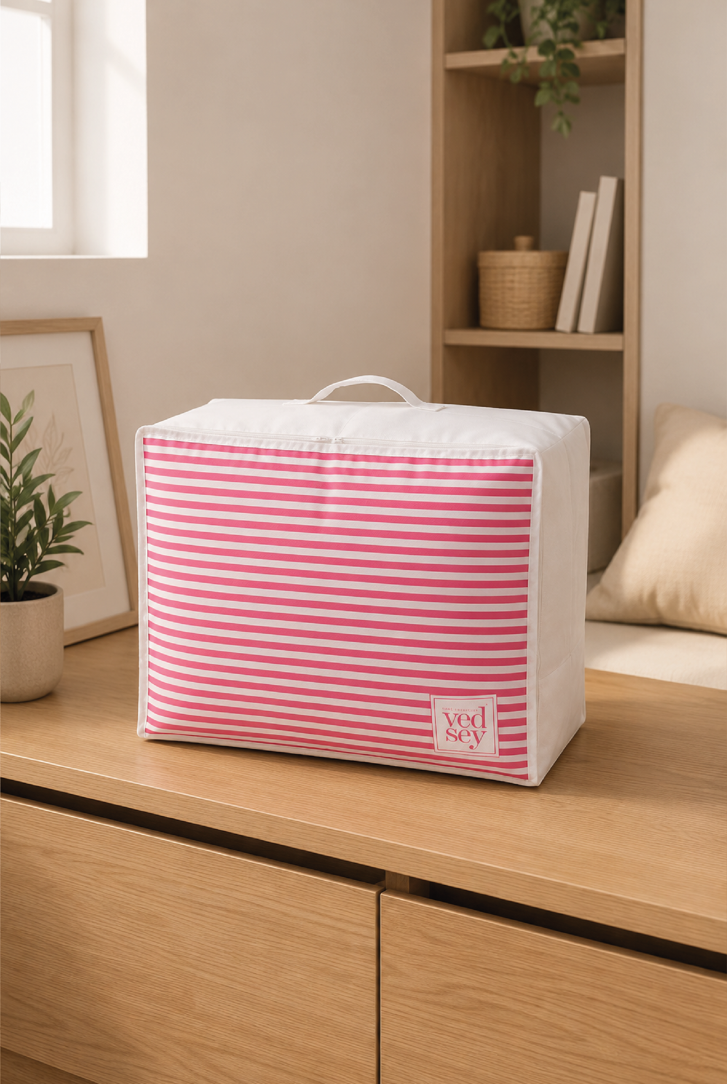 Vedsey Home OrganizerBaza Altı Düzenleyici Büyük Boy Hurç Pembe Çizgili 70x50x25 Cm