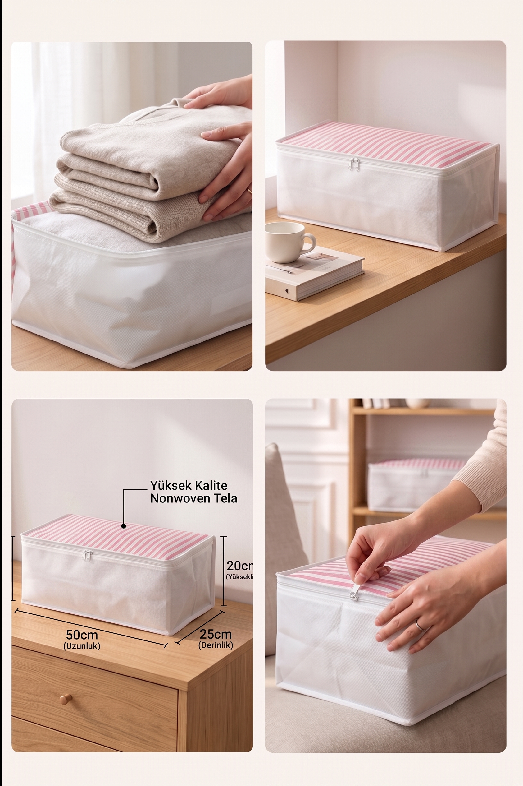 Vedsey Home OrganizerBaza Altı Düzenleyici Küçük Boy Hurç Pembe Çizgili 50x25x20 Cm