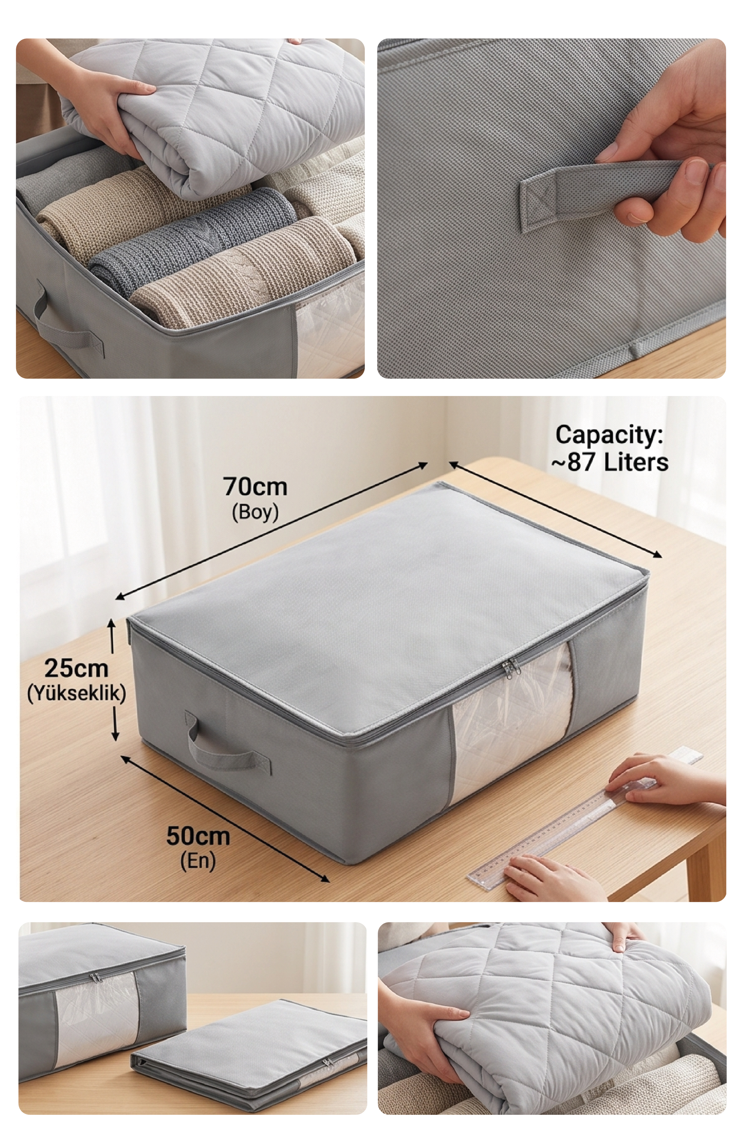 Vedsey Home OrganizerBaza Altı Düzenleyici Pencereli Büyük Boy Hurç Gri 70x50x25 Cm