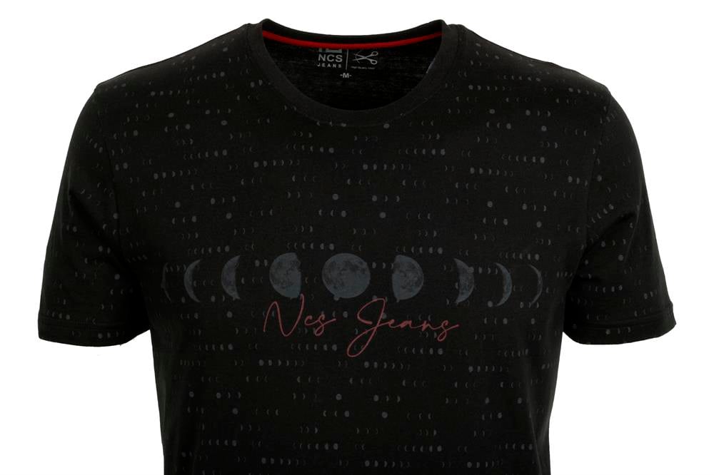  Erkek Siyah Slim Fit Baskılı Bisiklet Yaka %100 Pamuk T-shirt Jeans 1931