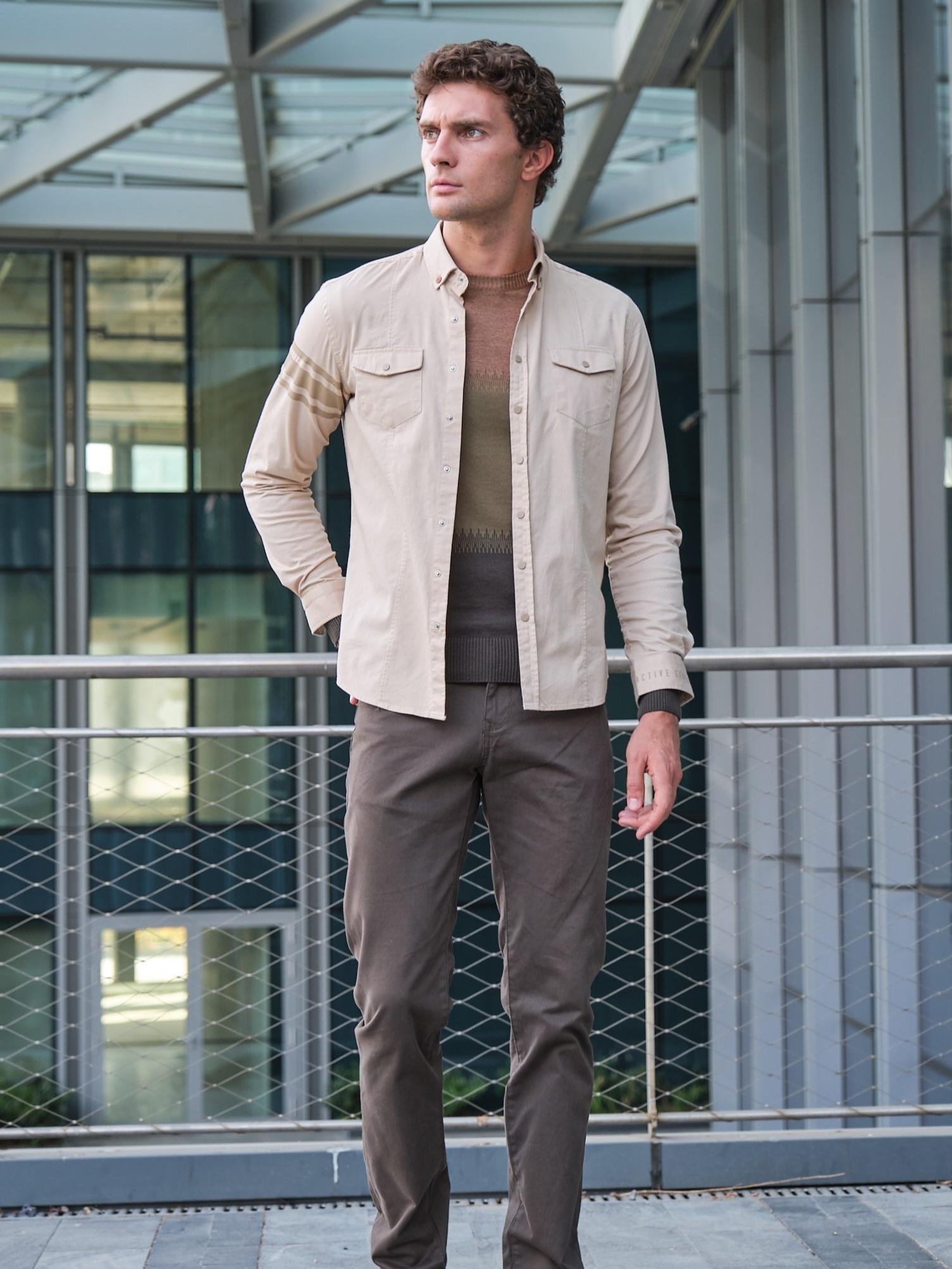 Bej Erkek Gömlek Ön Cepli Slim Fit Yıkamalı NCS JEANS 7225