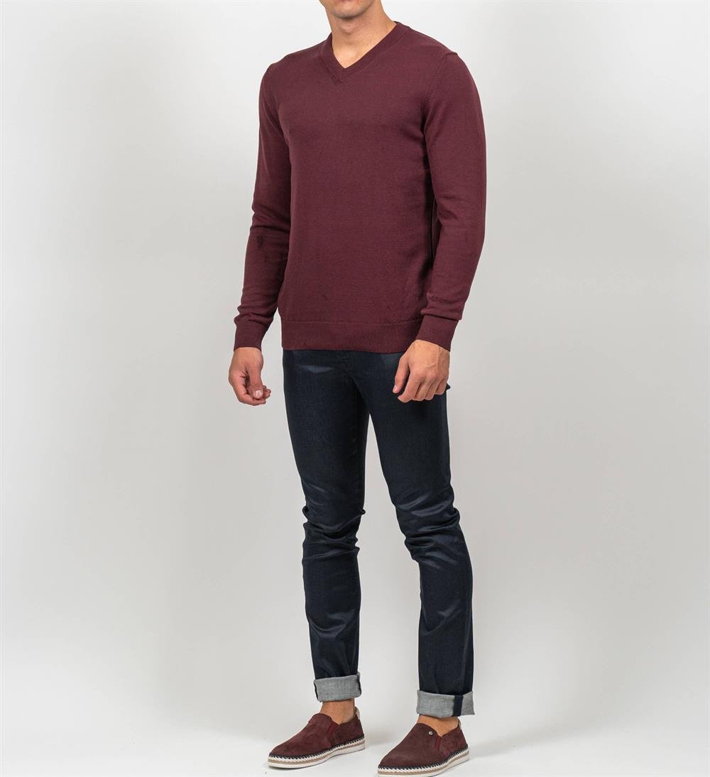 Bordo Erkek V Yaka Triko Slim Fit Pamuklu Kazak NCS JEANS 3002