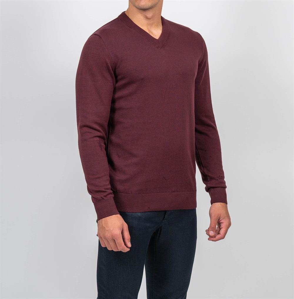 Bordo Erkek V Yaka Triko Slim Fit Pamuklu Kazak NCS JEANS 3002