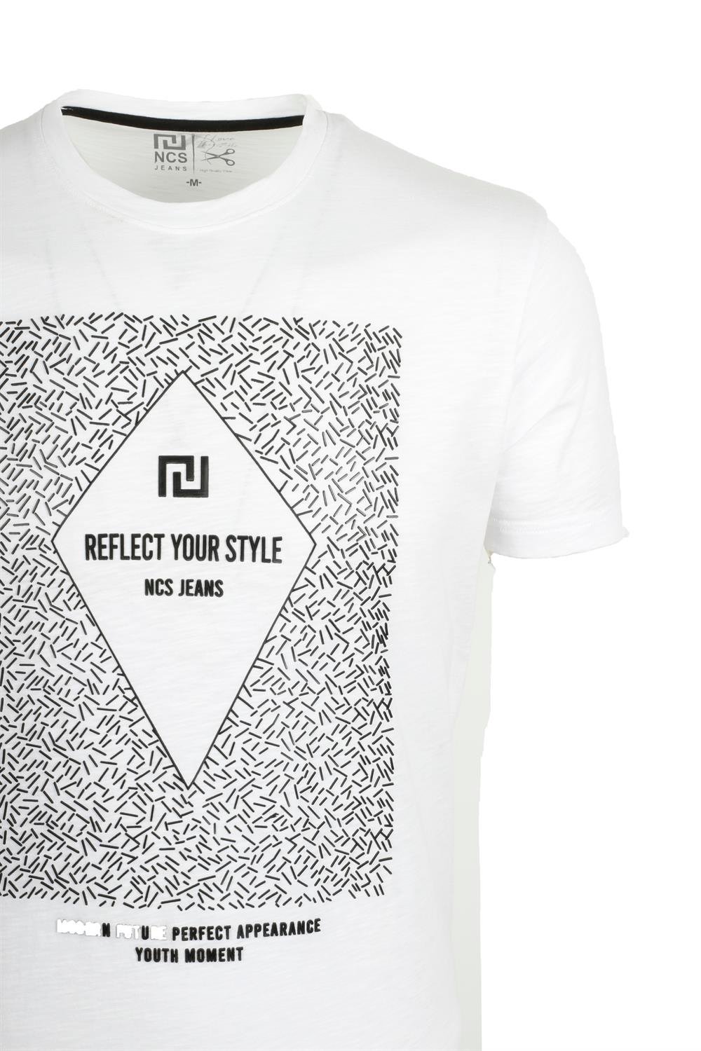 Erkek Beyaz Bisiklet Yaka Baskılı %100 Pamuk Slim Fit T-shirt 1924