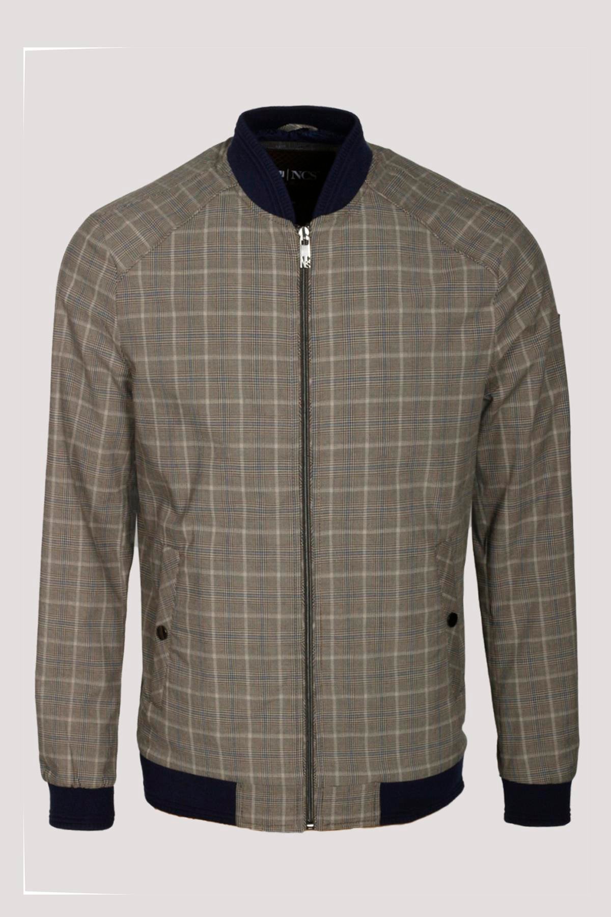 Erkek Camel Bomber Ceket Keten Karışım Slim Fit Ekose Kare Desenli Ribana İnce Astar Ceket NCS JEANS 4984