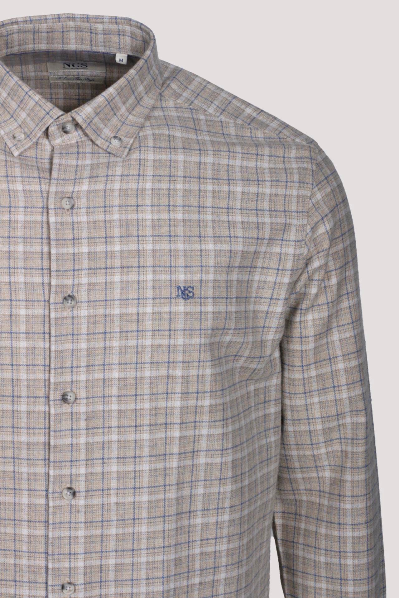 Erkek Gömlek Bej Uzun Kol Ekose Kareli Flanel Yün Tuşeli Slim Fit Düğmeli Yaka Shirt NCS JEANS 7270