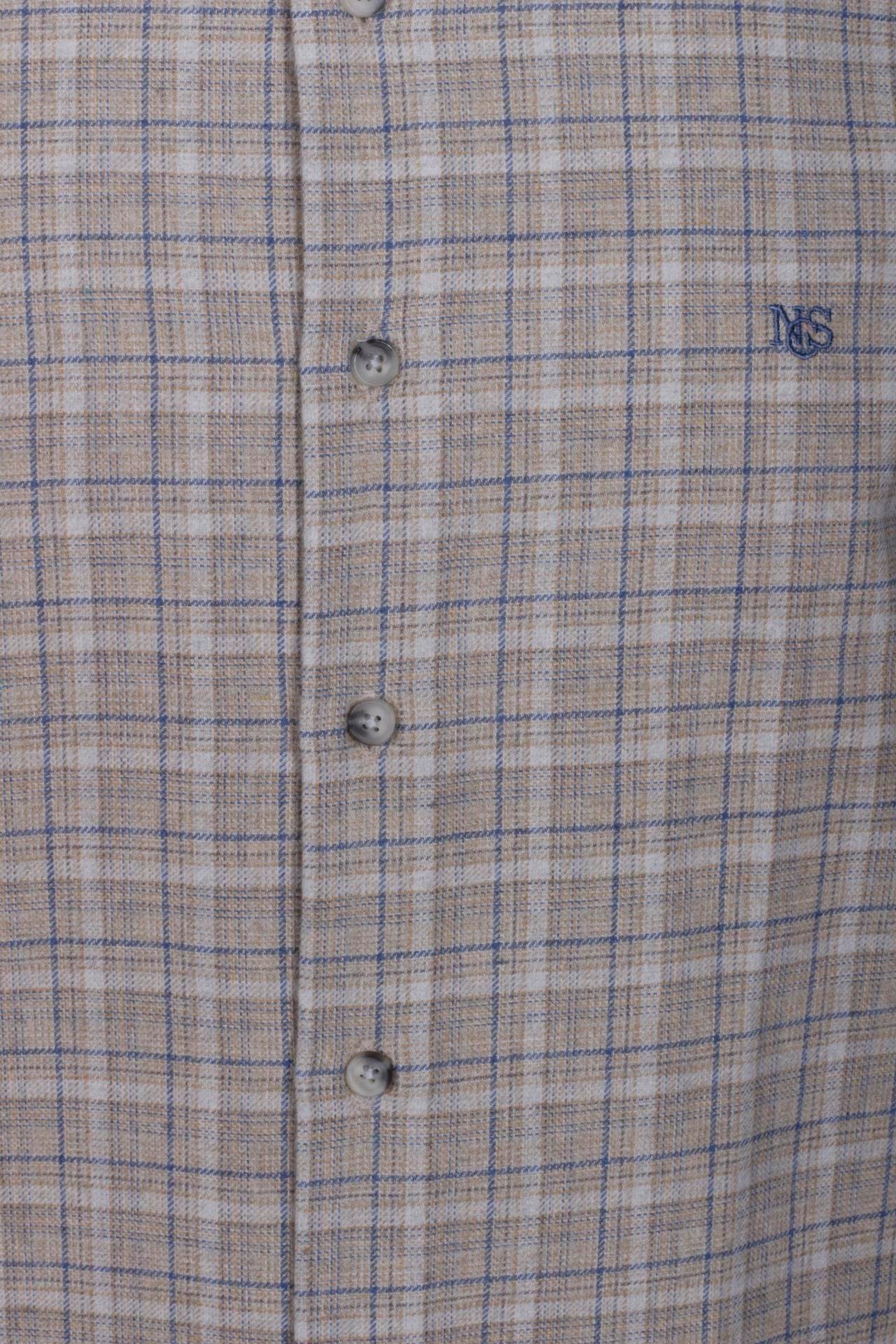Erkek Gömlek Bej Uzun Kol Ekose Kareli Flanel Yün Tuşeli Slim Fit Düğmeli Yaka Shirt NCS JEANS 7270