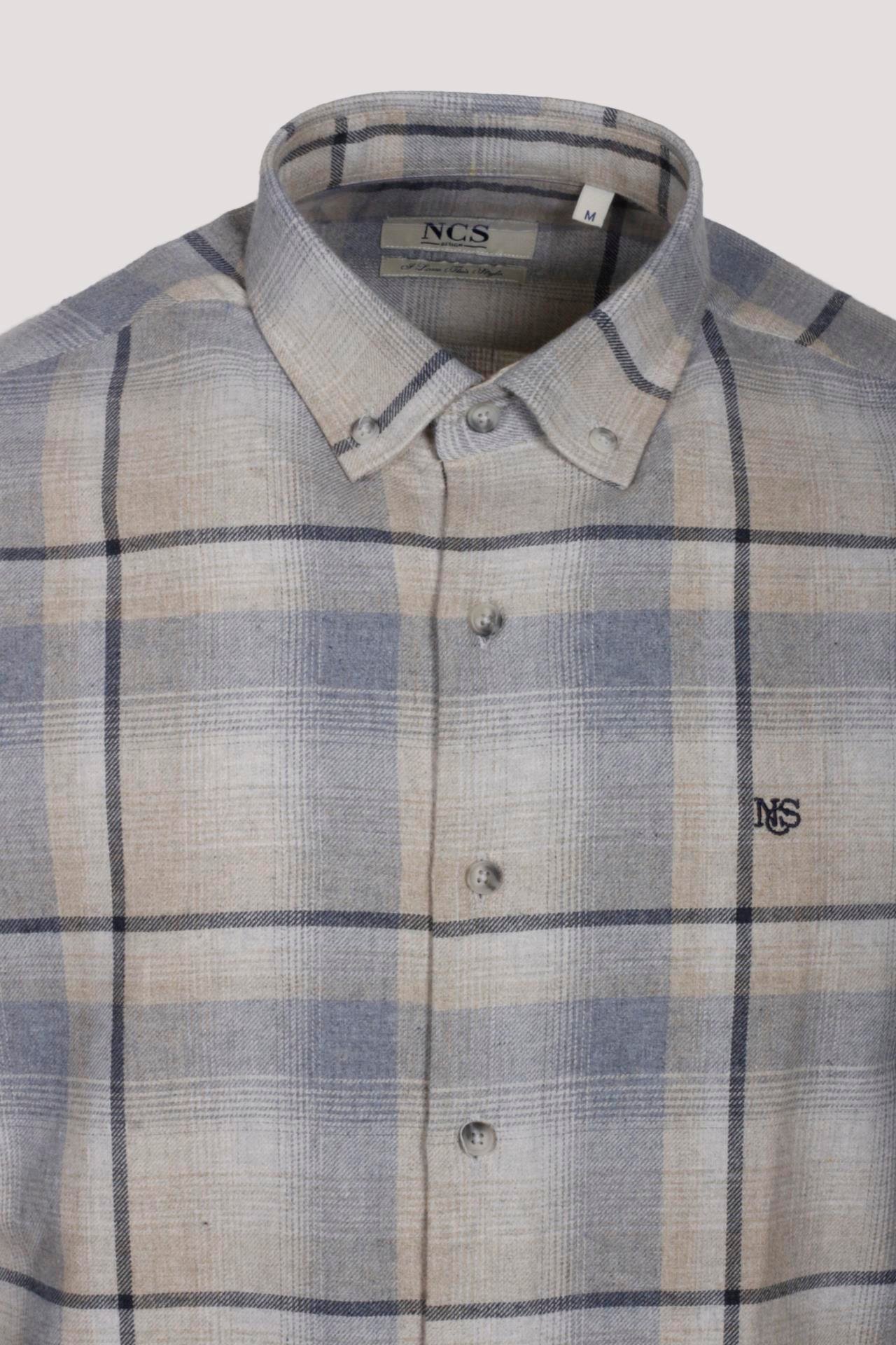 Erkek Gömlek Bej Uzun Kol Ekose Kareli Flanel Yün Tuşeli Slim Fit Düğmeli Yaka Shirt NCS JEANS 7269