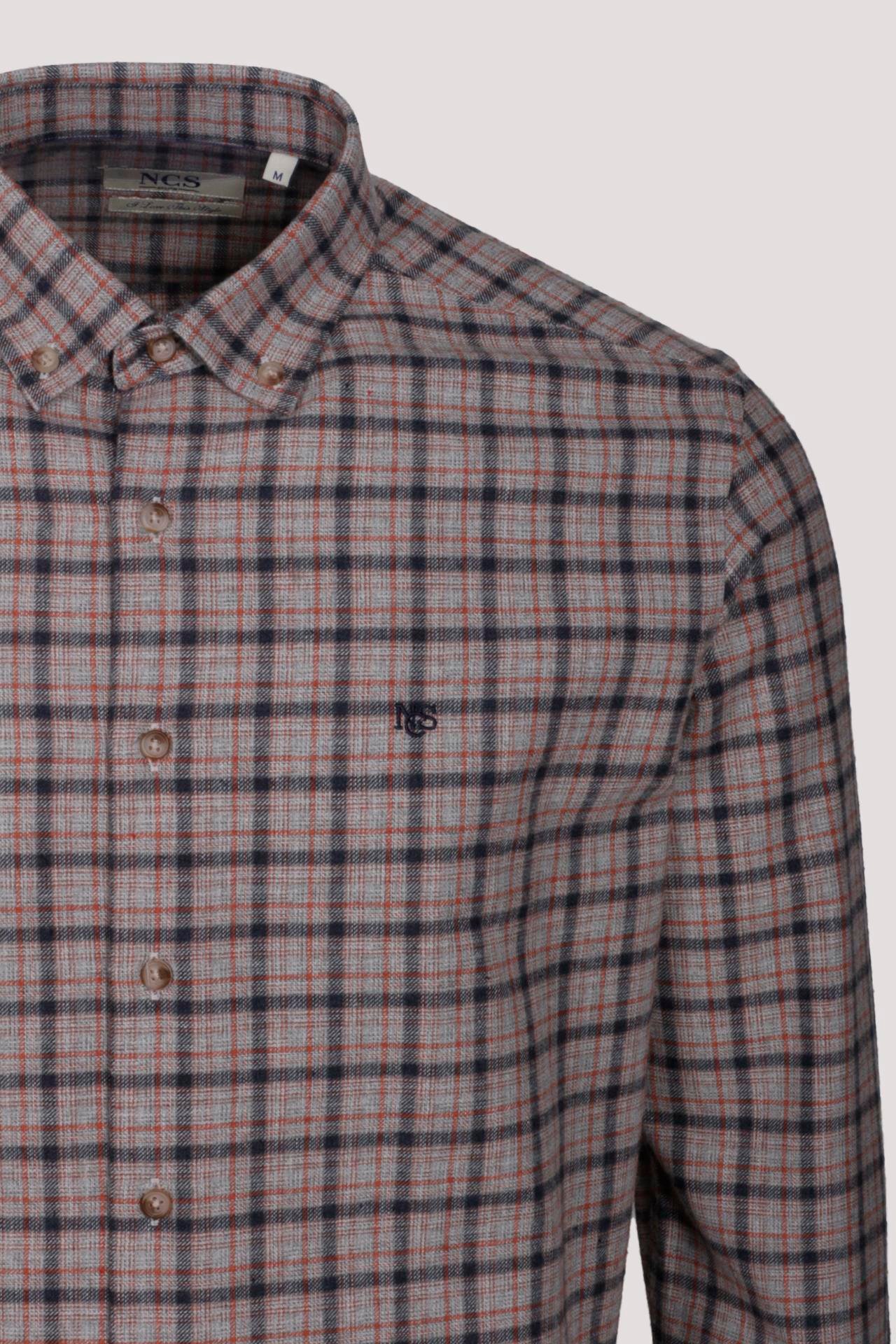 Erkek Gömlek Kiremit Uzun Kol Ekose Kareli Flanel Yün Tuşeli Slim Fit Düğmeli Yaka Shirt NCS JEANS 7270