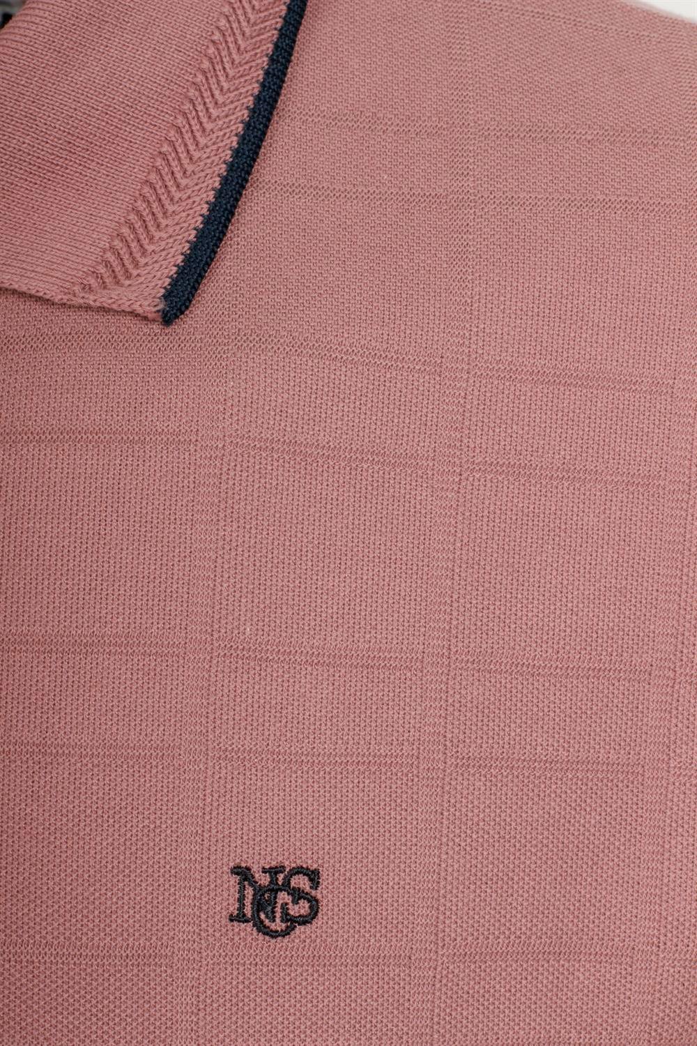 Erkek Gül Kurusu Slim Fit Polo Yaka %100 Pamuk Dokulu Desenli Kumaş T-shirt Jeans 1134