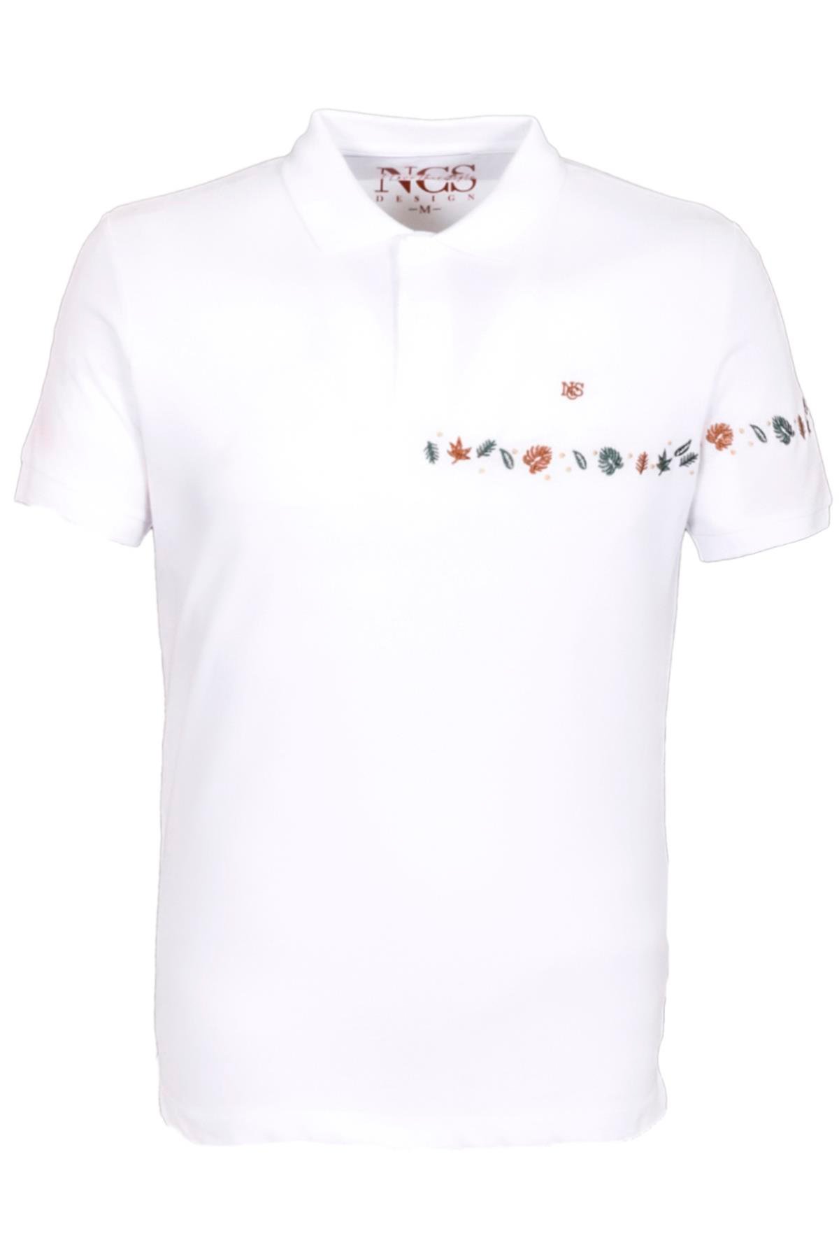Erkek Polo Yaka Tişört Beyaz  %100 Pamuk Slim Fit Ribanalı Kol Nakışlı T-shirt NCS JEANS 1169